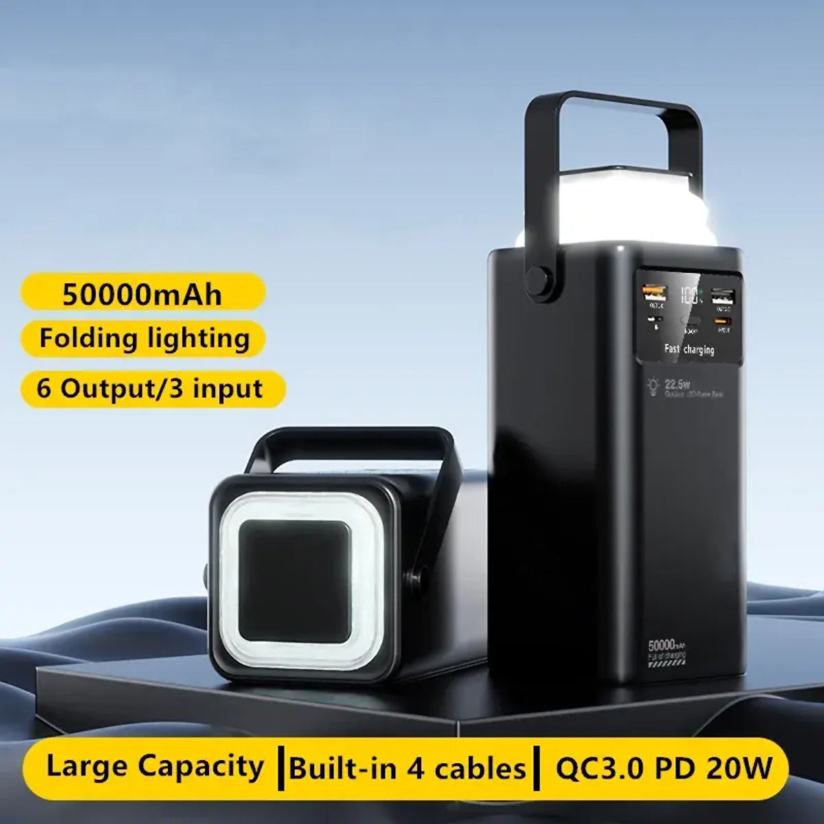Batería externa portátil negra. Texto: 50000mAh, iluminación plegable, 6 salidas, 3 entradas.