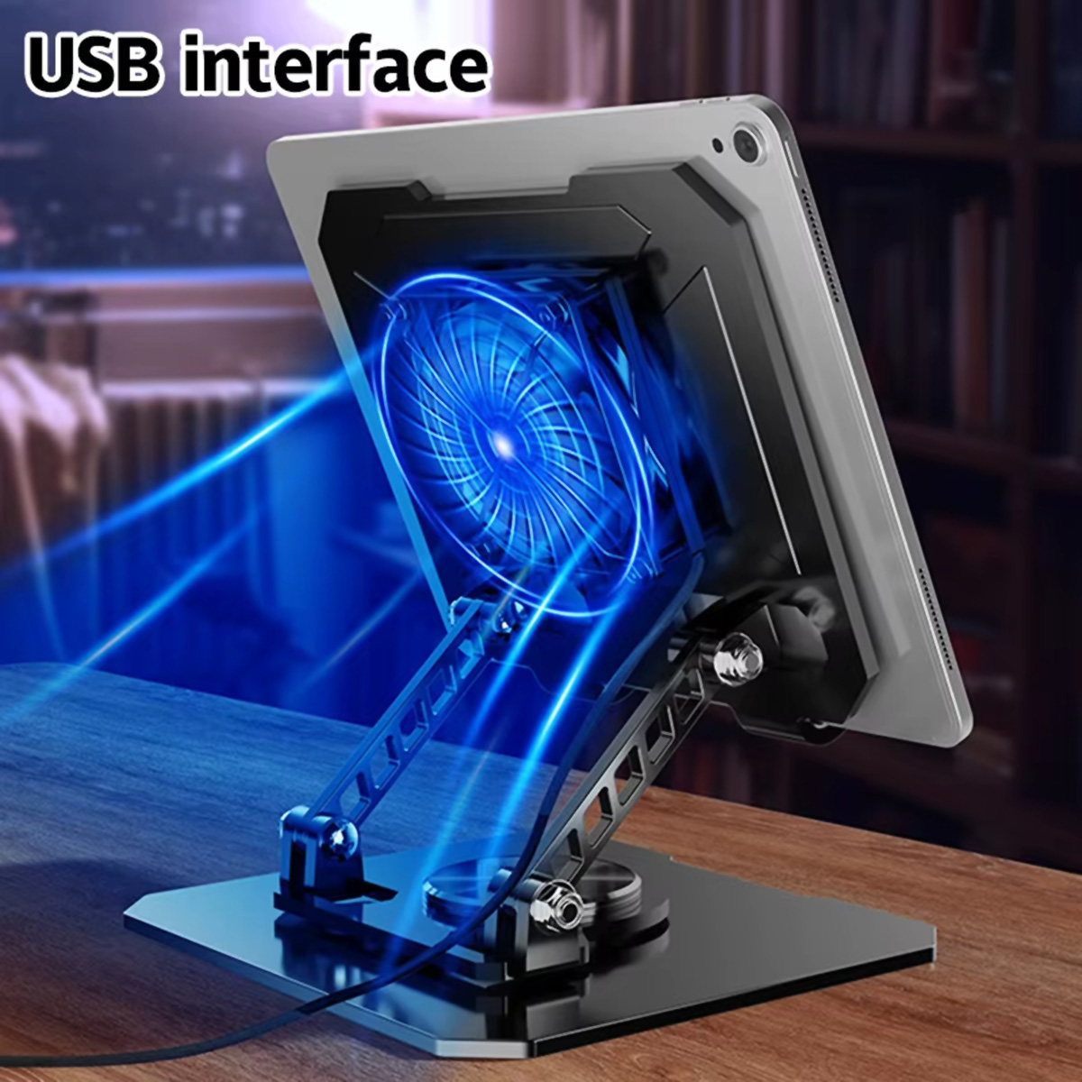 Tableta con soporte de ventilador. El soporte es negro con un ventilador azul. La pantalla muestra diseño azul.