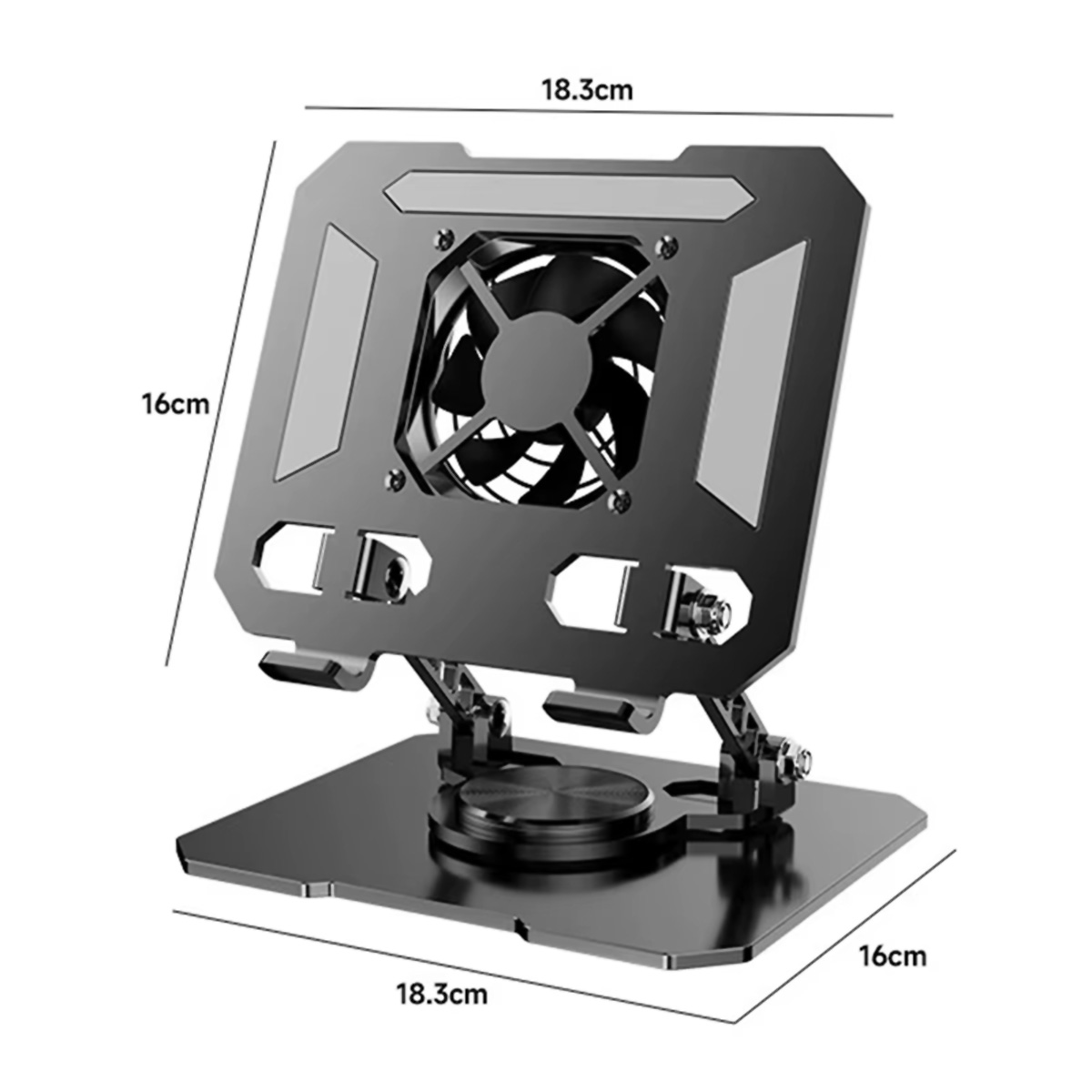 Enfriador de portátil negro con dimensiones. Tiene ventilador central y patas ajustables.