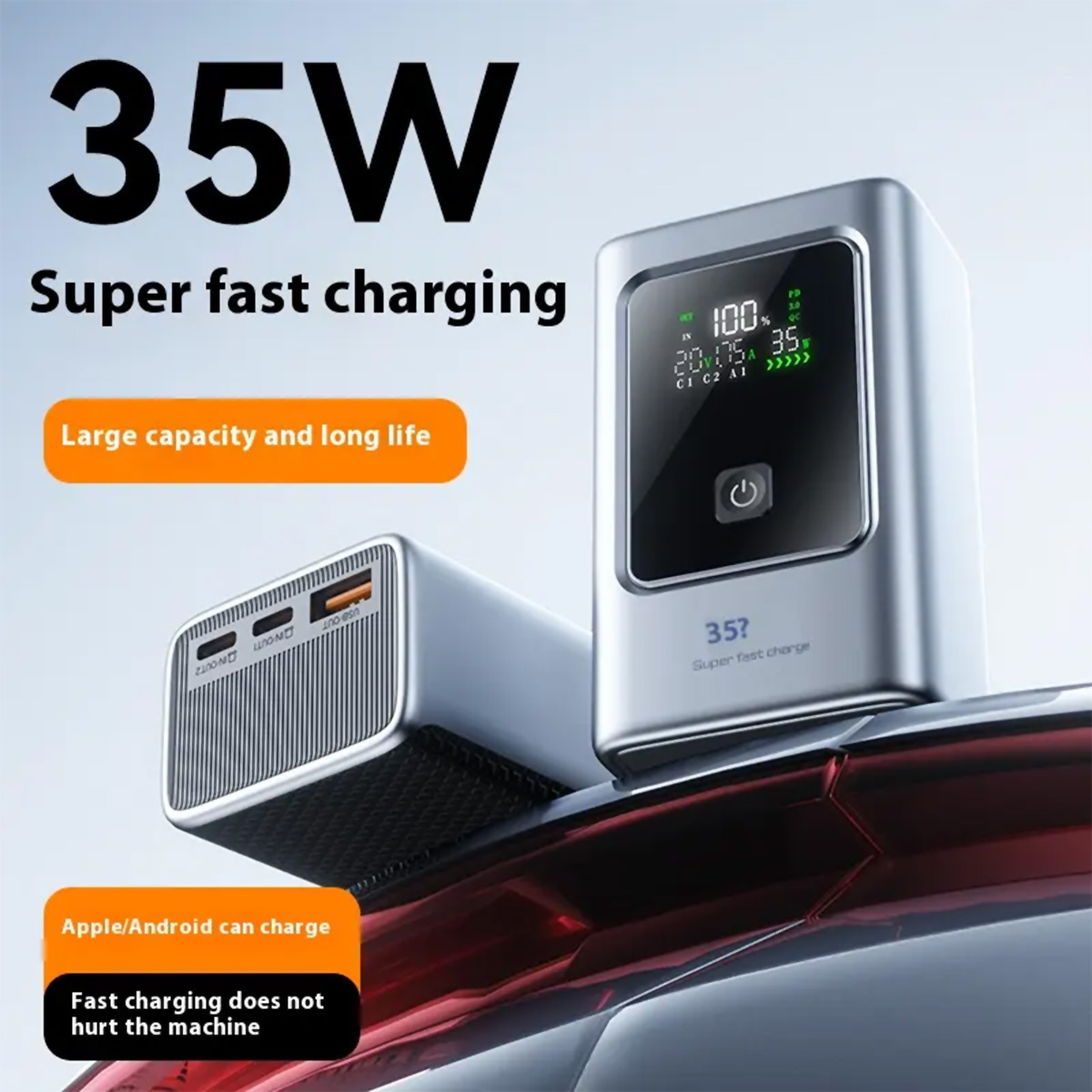 Un dispositivo de carga plateado con pantalla y un dispositivo de carga gris con puertos USB. Texto dice '35W' y 'Carga súper rápida'.