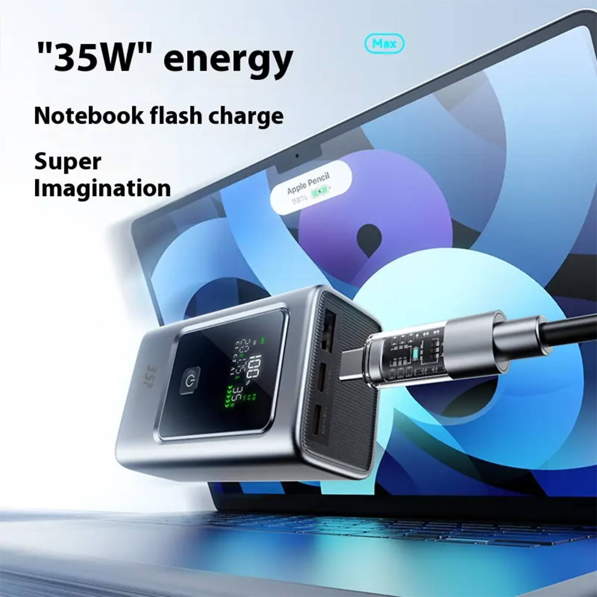 Un banco de energía plateado y negro que carga una laptop. El texto muestra el estado de la batería.