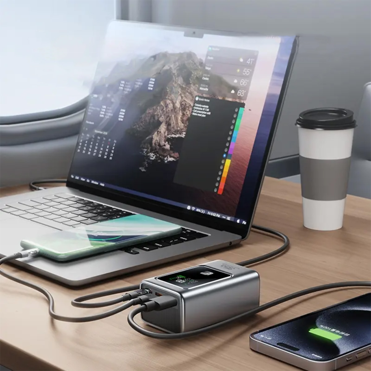 Ordenador portátil con cargador y teléfono. El portátil muestra una pantalla. El cargador tiene puertos USB.