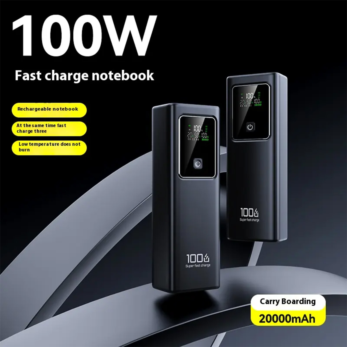 Dos bancos de energía negros con pantalla digital y puerto USB.