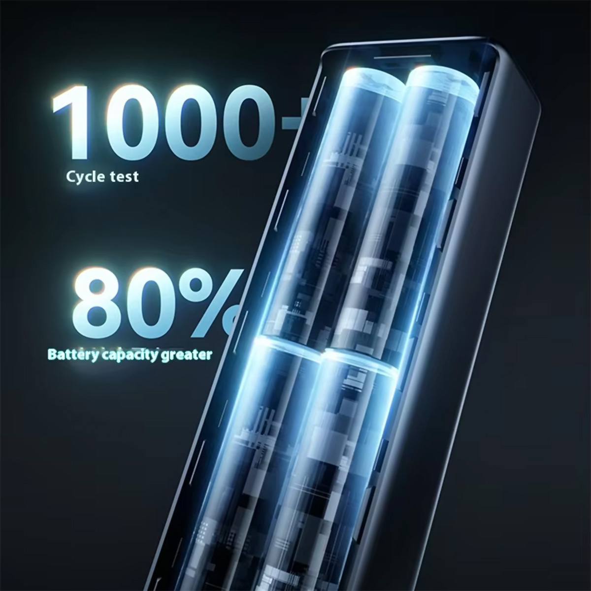 Un banco de energía negro que muestra la capacidad de la batería y los detalles de la prueba de ciclo.