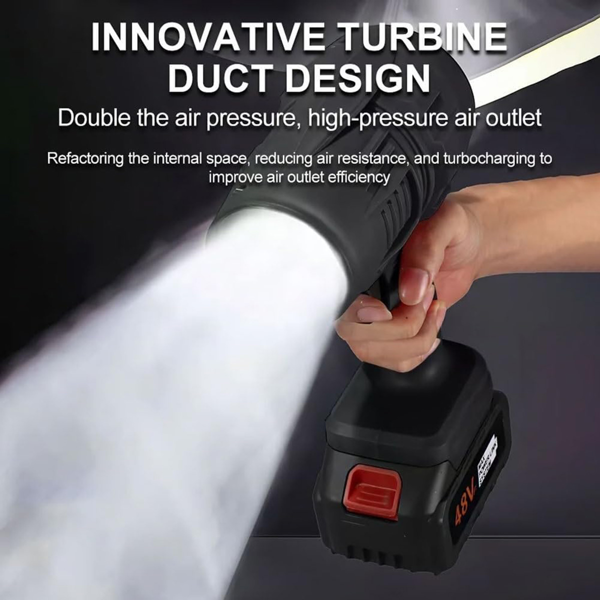 Herramienta de mano negra con haz de luz blanco. Texto sobre diseño innovador de turbina.