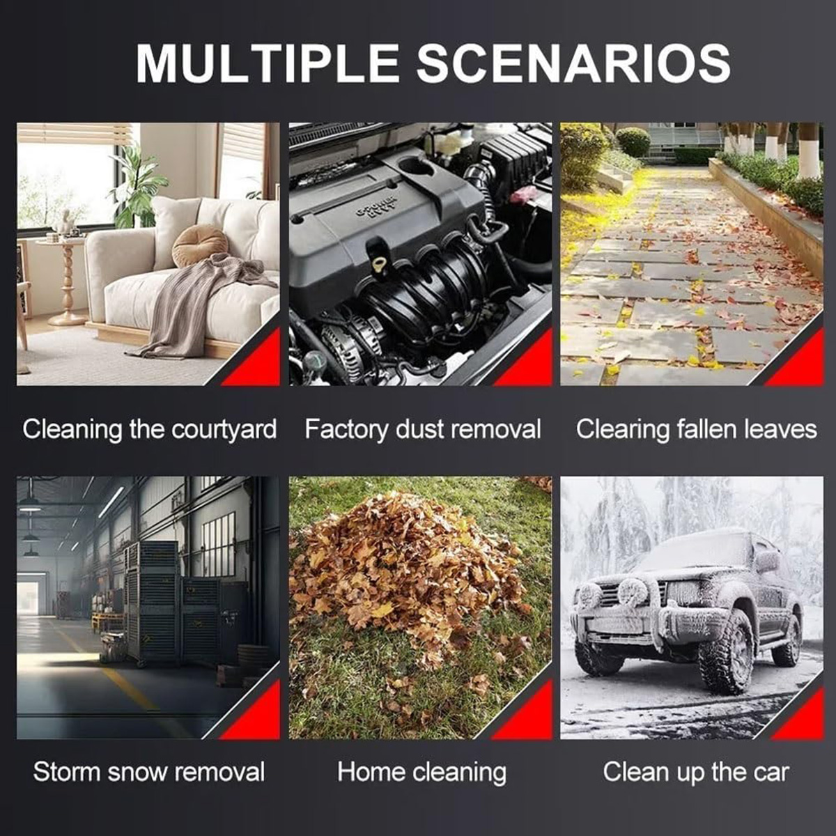 Múltiples escenarios que muestran tareas de limpieza: patio, fábrica, hojas, nieve, hogar y coche.