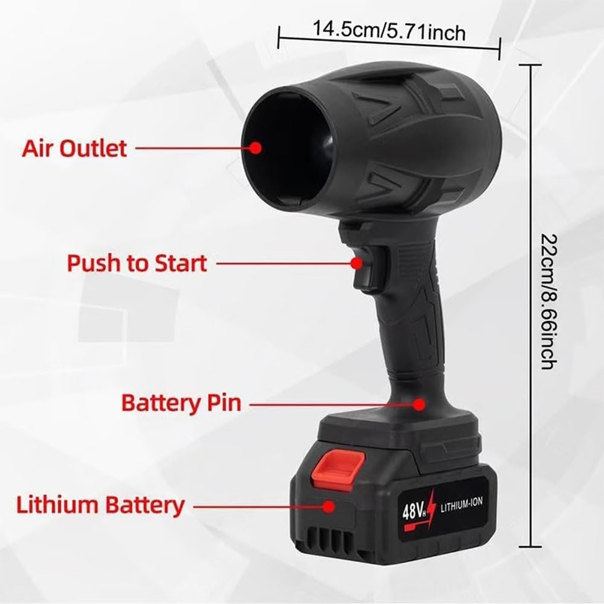 Luz de trabajo portátil negra con etiquetas: salida de aire, pulsar para iniciar, pasador de batería y batería de litio.