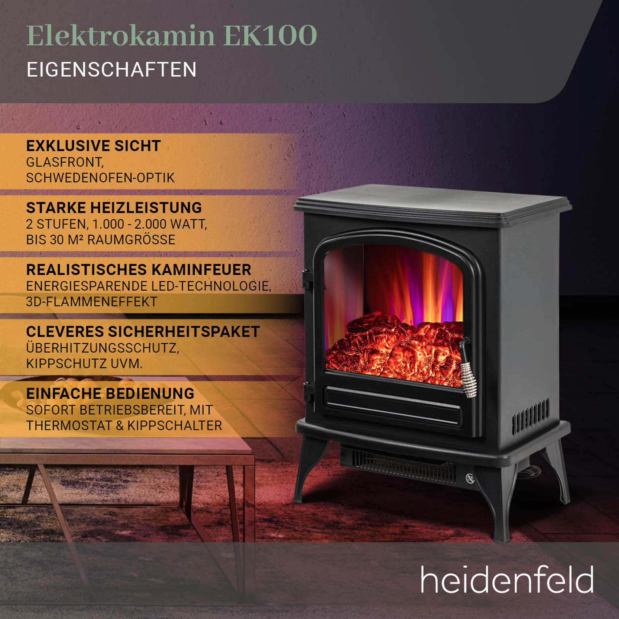 Schwarzer Elektrokamin mit Feuereffekt, mit Text und einem kleinen Tisch. Er befindet sich in einem Raum mit dunklem Hintergrund.