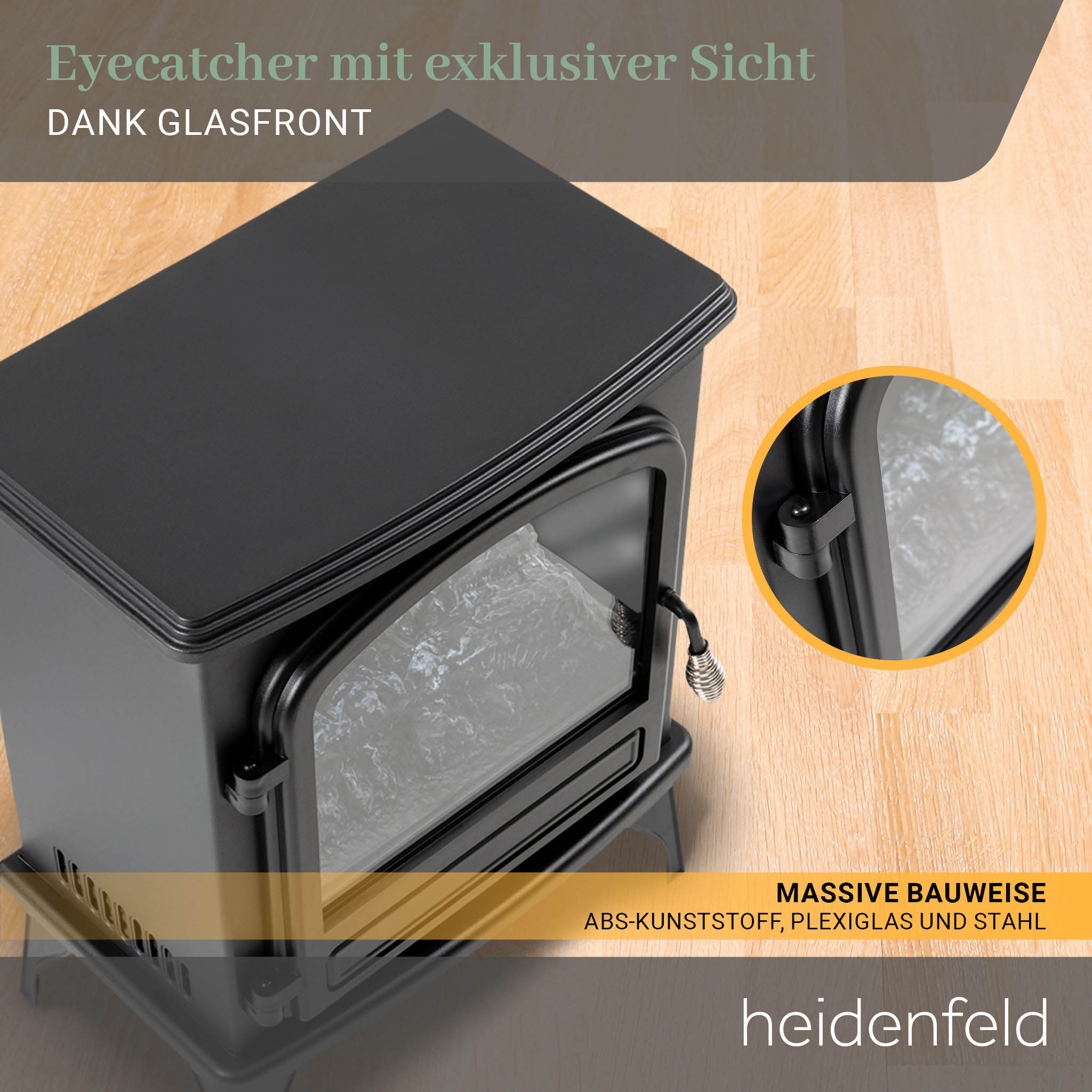 Schwarzer Kamin mit Glastür. Hintergrund aus Holzfußboden.