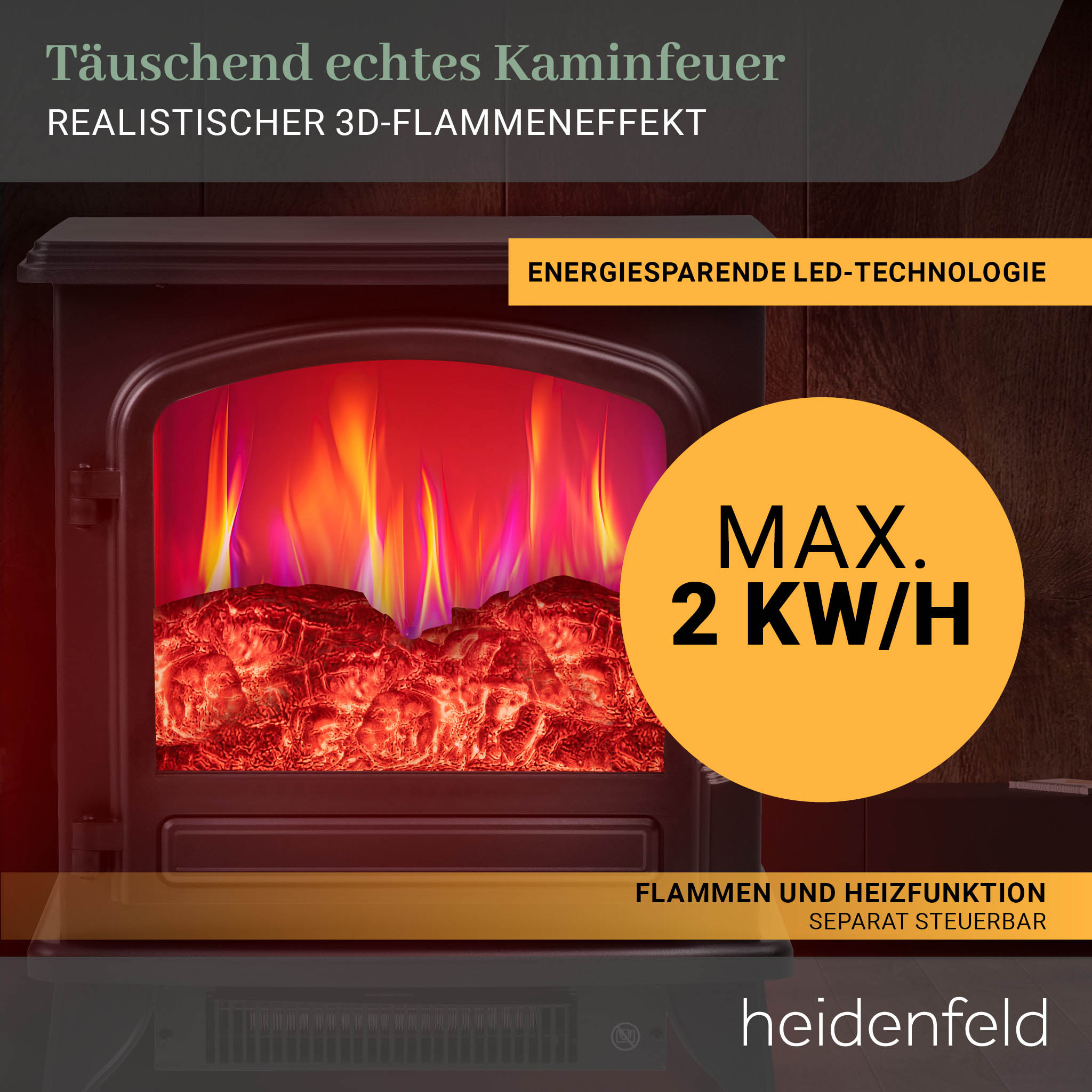 Elektrokamin mit Flammen, Text: Täuschend echtes Kaminfeuer. Gelber Kreis mit 2 KW/H.