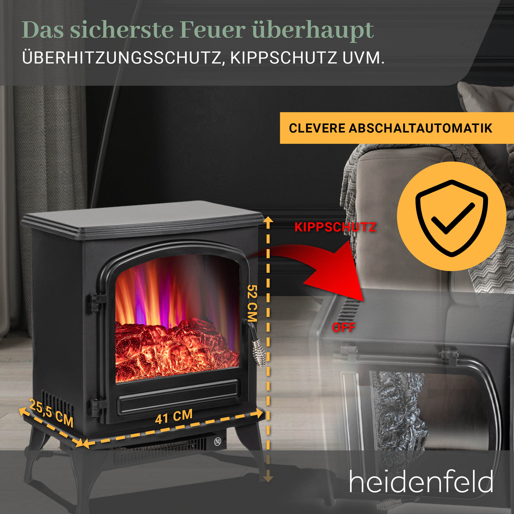 Schwarzer elektrischer Kamin mit künstlichen Flammen. Messungen von Höhe und Breite sind angegeben.