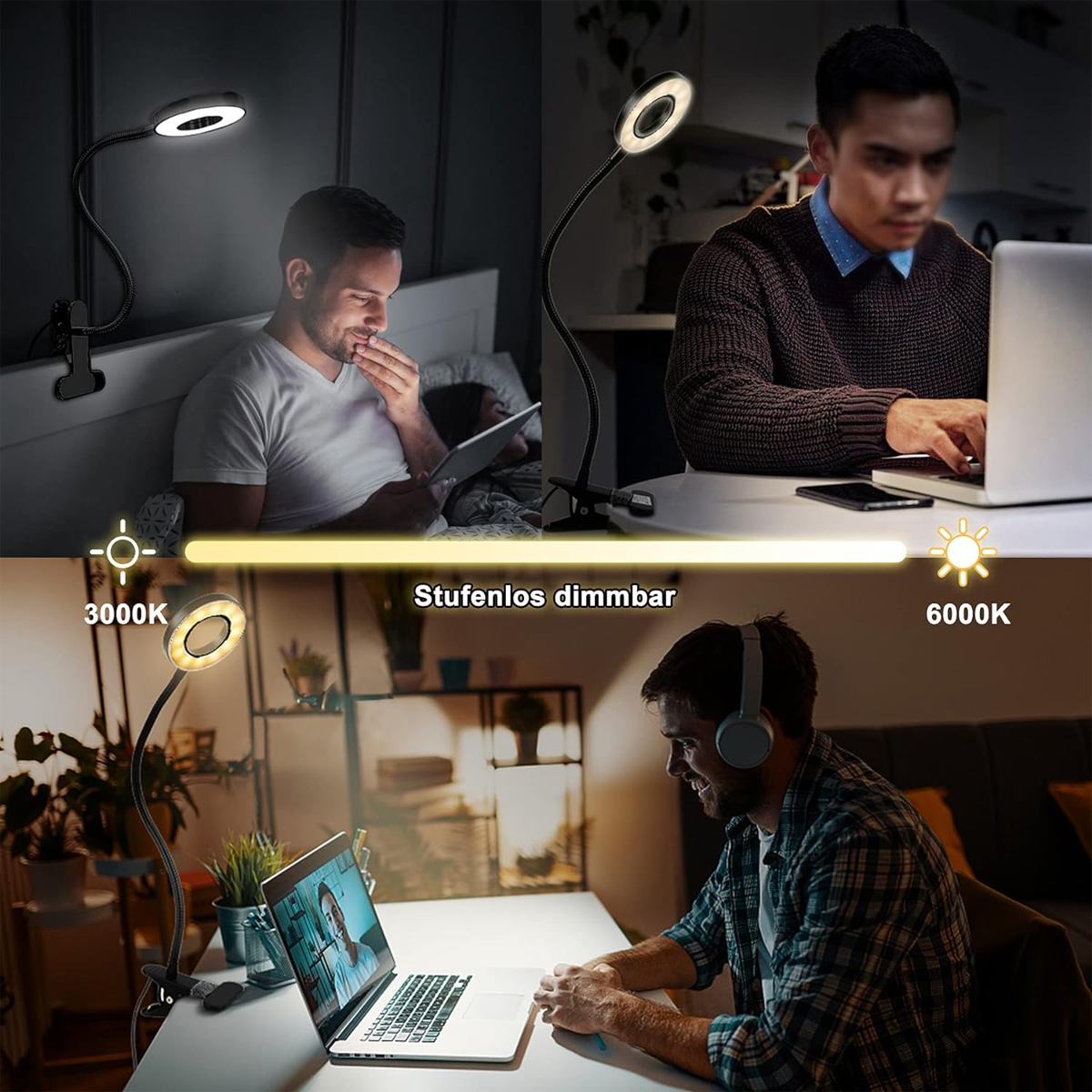Drei Personen nutzen Schreibtischlampen mit einstellbaren Lichteinstellungen, die unterschiedliche Helligkeitsstufen zeigen.