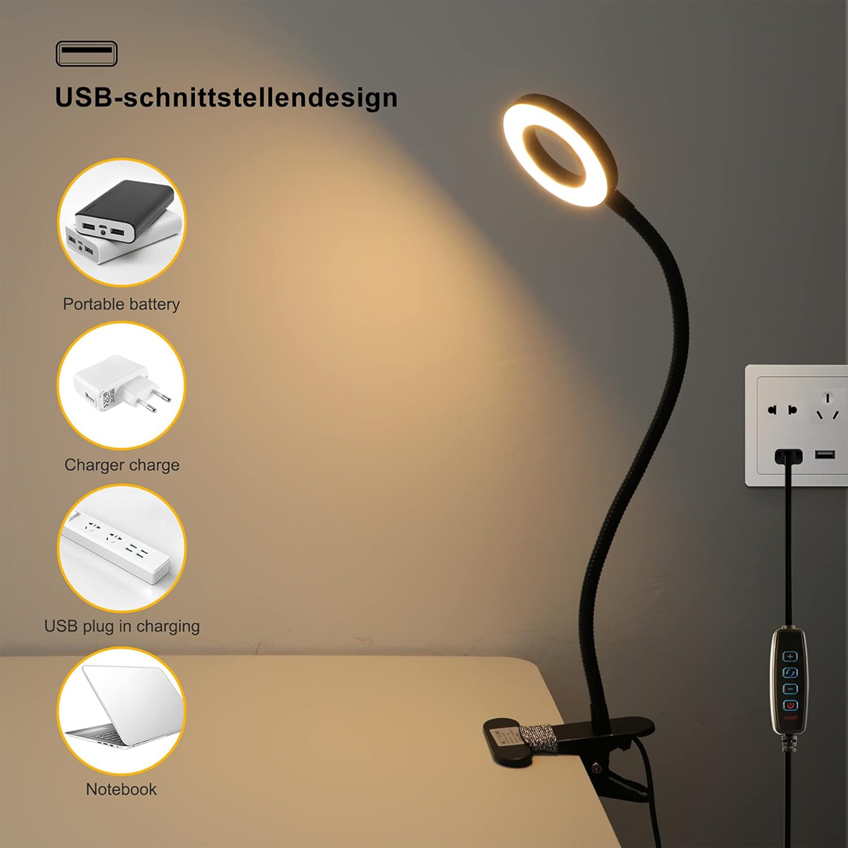 Schreibtischlampe mit Ringlicht. Andere Objekte: eine tragbare Batterie, ein Ladegerät, eine Steckdosenleiste und ein Laptop.
