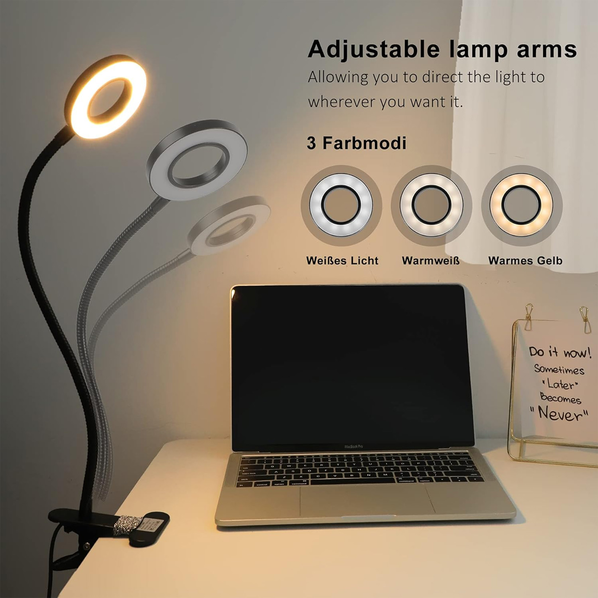 Ein Schreibtisch mit einem Laptop und drei Ringlichtern.