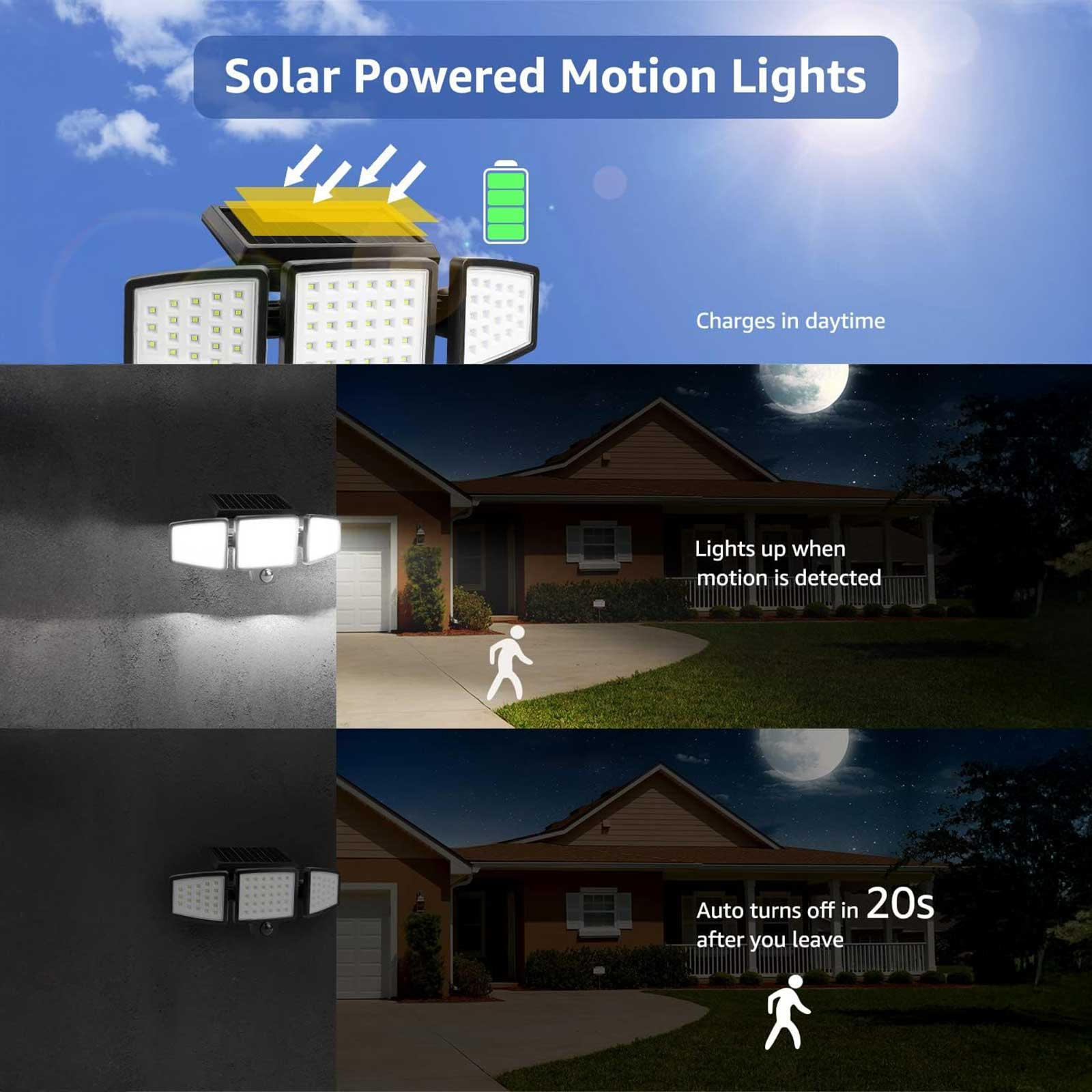 Solarbetriebene Bewegungslichter. Lichter leuchten auf einem Haus, wenn eine Bewegung erkannt wird.
