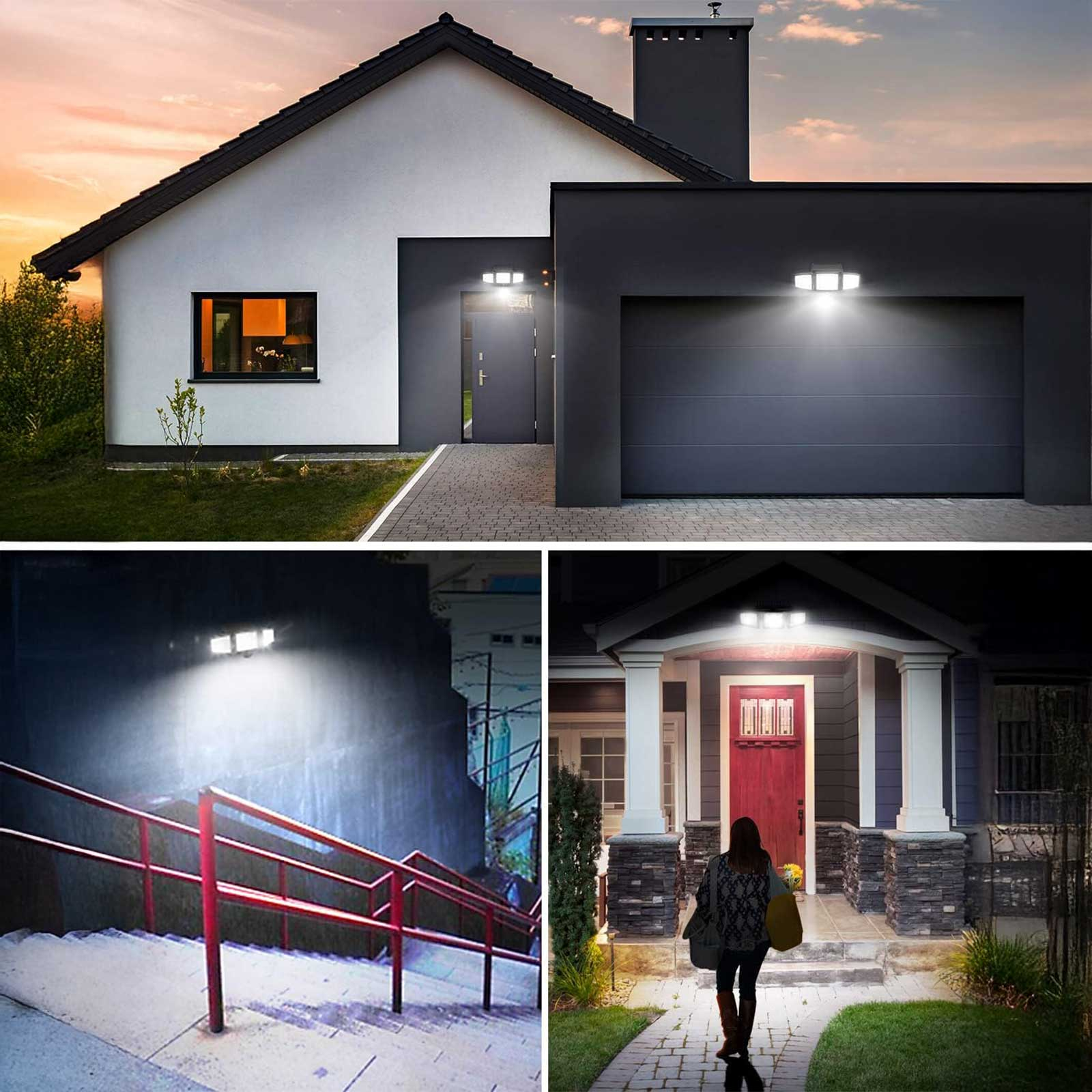 Drei Bilder von Solarlampen, die an einem Haus und an einem Gehweg installiert sind. Die Lichter sind an.