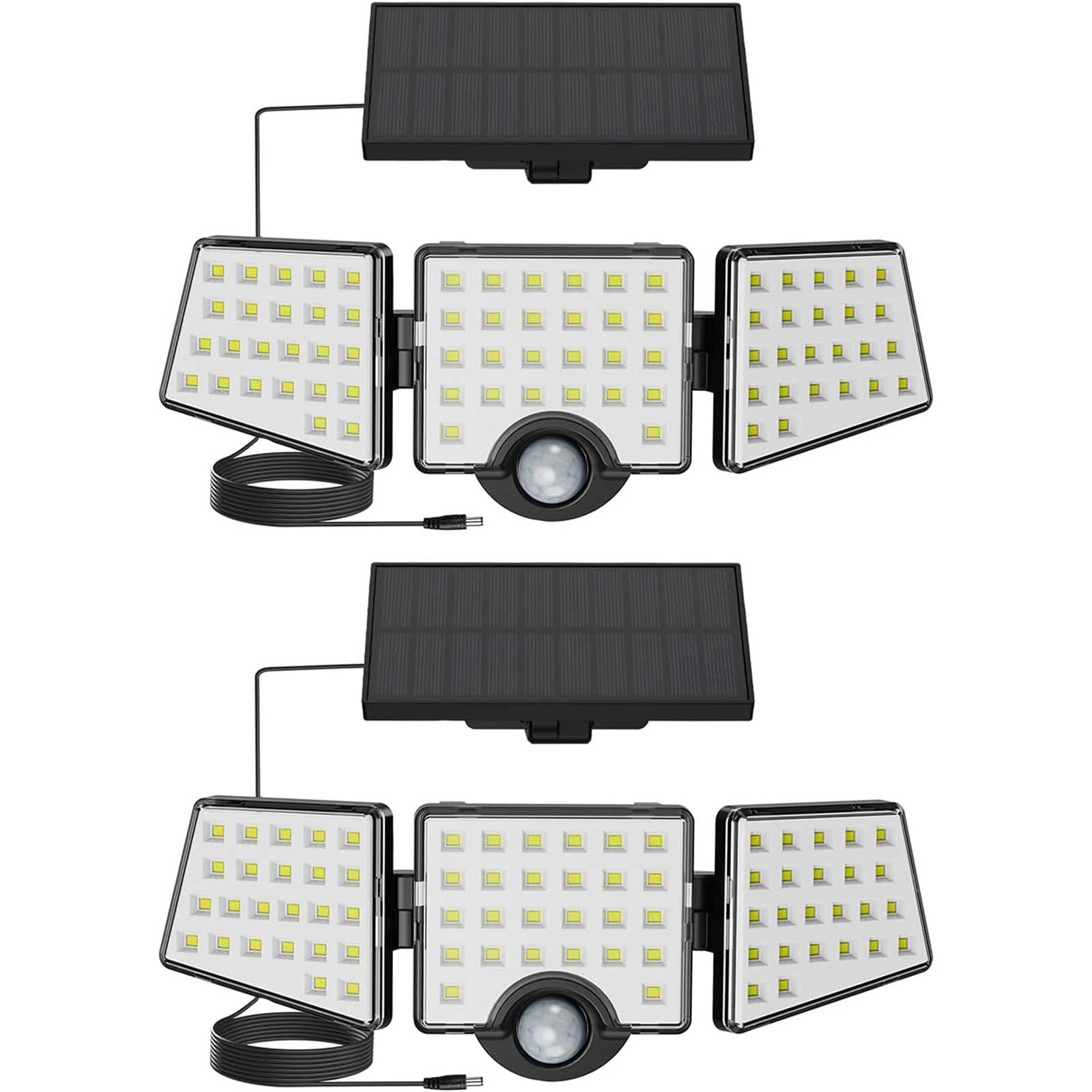 Zwei solarbetriebene Außenleuchten. Jede hat drei verstellbare Lichtpaneele und einen Bewegungssensor.