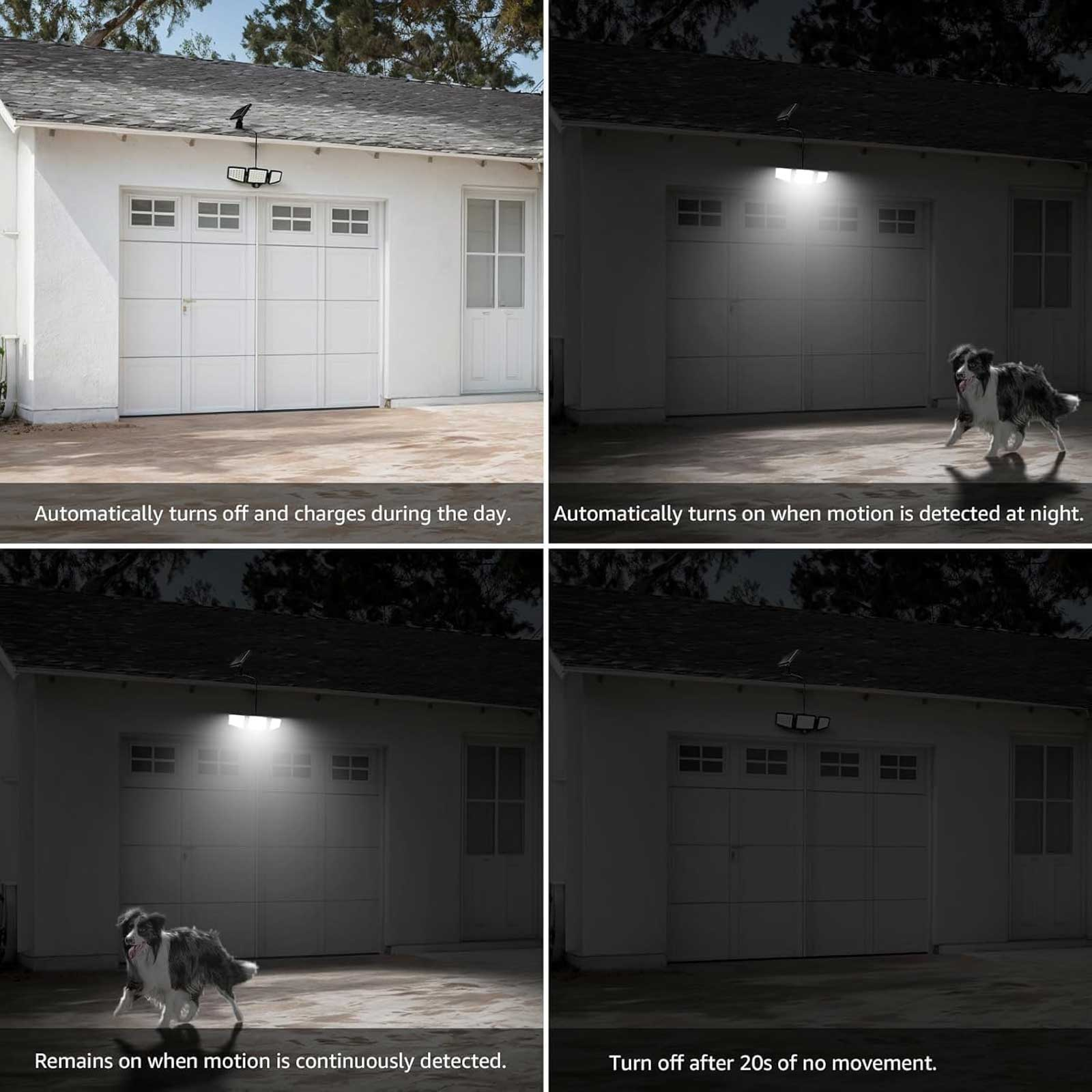Solar-Bewegungslichter. Die Lichter schalten sich ein, wenn eine Bewegung in der Nähe eines Hauses mit Hund erkannt wird.