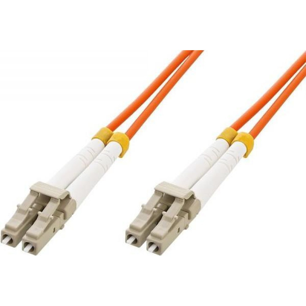 Cavi in fibra ottica arancioni e bianchi con connettori beige. I connettori sono a ciascuna estremità.