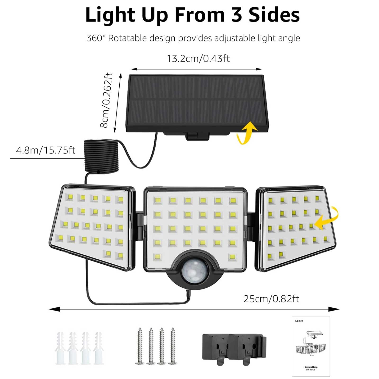 Solarlicht mit drei verstellbaren Paneelen, einem Solarpanel und einem Bewegungssensor.