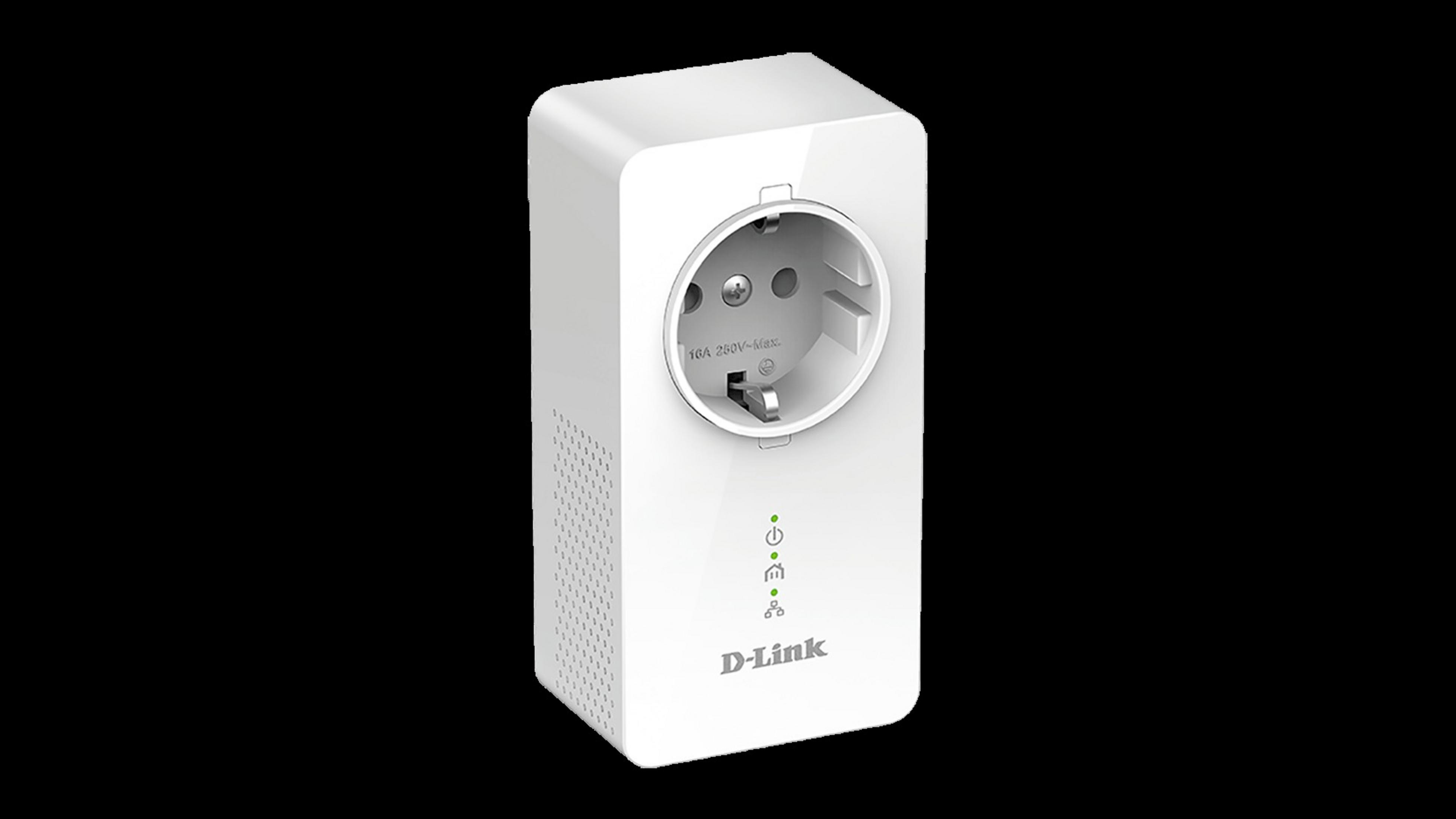 Un adaptador de línea eléctrica D-Link blanco. Tiene una toma de corriente y tres pequeñas luces verdes.