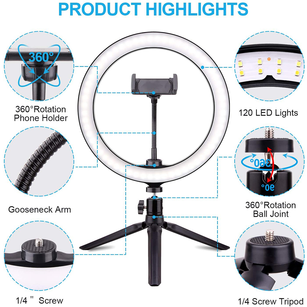 Produkt-Highlights eines Ringlichts mit Telefonhalter, Schwanenhalsarm und Stativ.