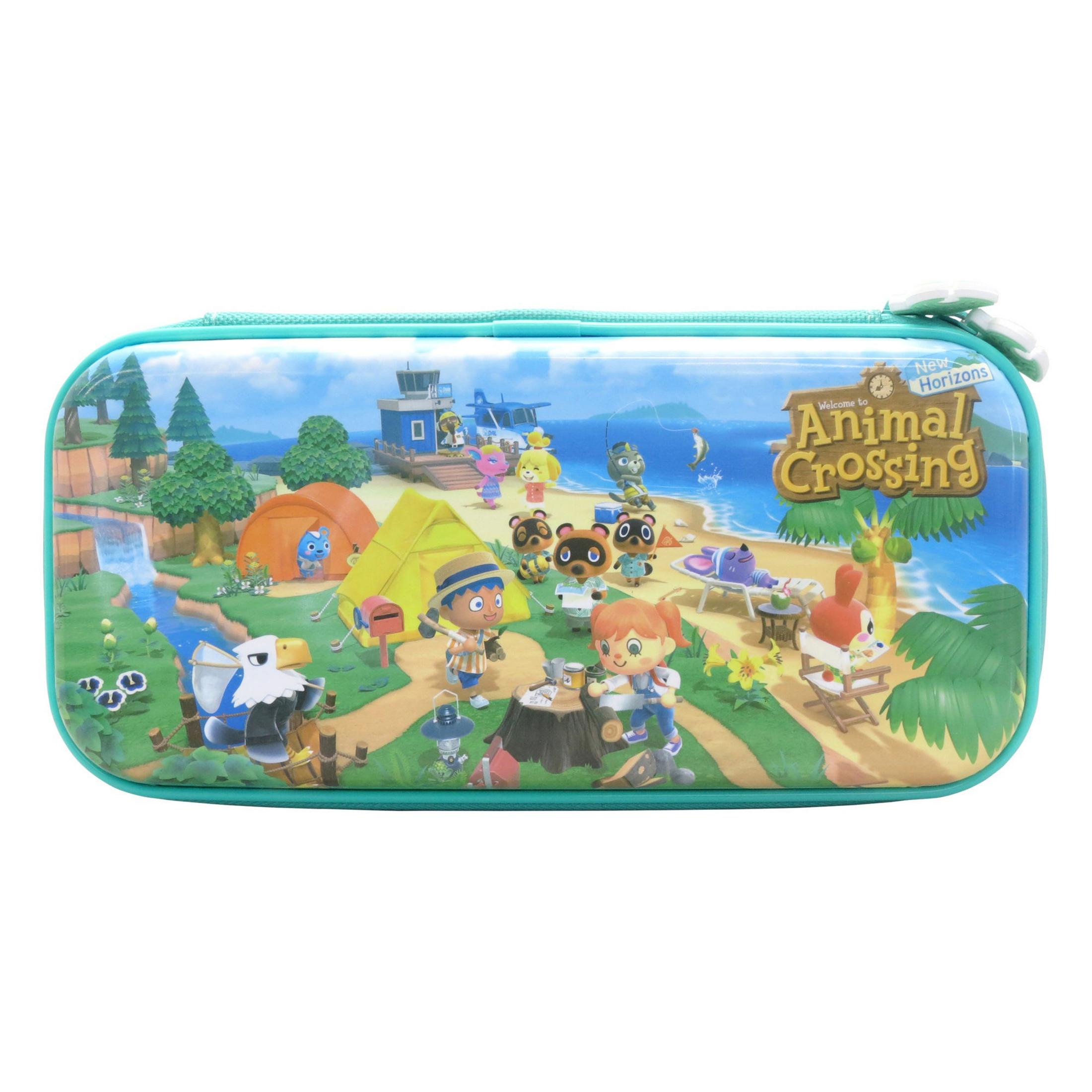 Turkusowe etui z postaciami z Animal Crossing. Przedstawia scenę plaży i obozu.