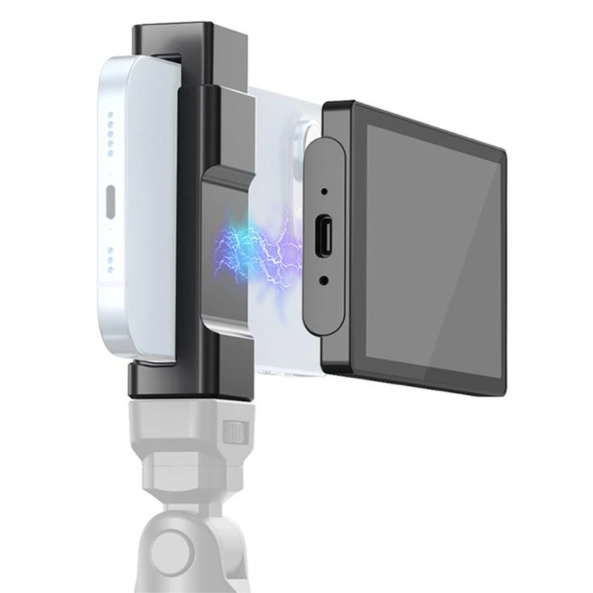 Teléfono blanco conectado a un dispositivo negro. Tiene una pequeña pantalla y un puerto USB.