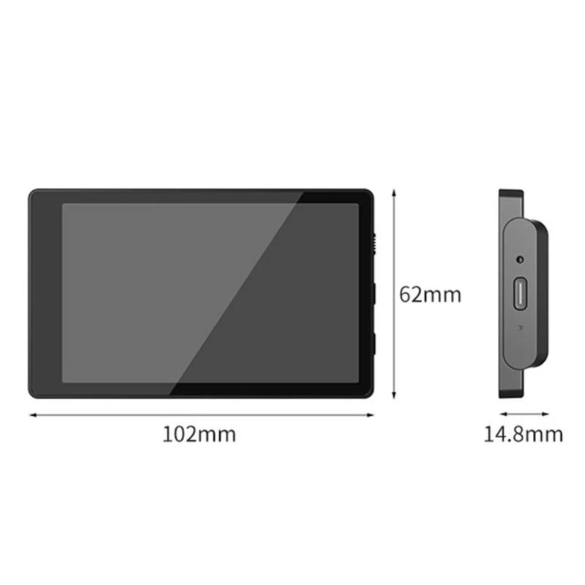 Dispositivo de pantalla con dimensiones. La pantalla es rectangular con marco negro. Las dimensiones son 102 mm x 62 mm x 14,8 mm.