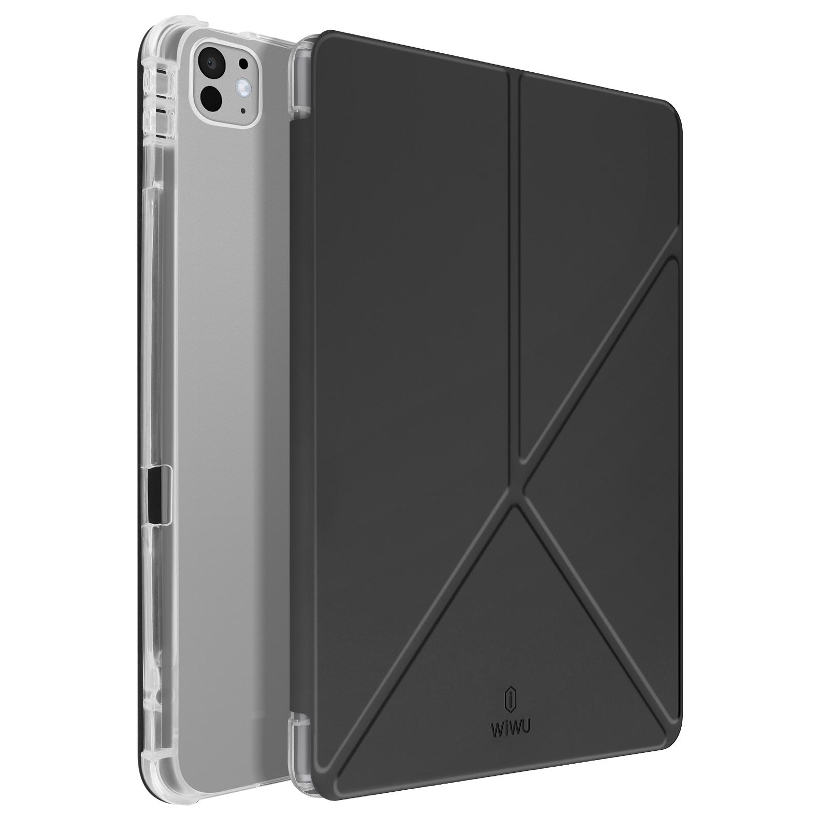 Custodia posteriore trasparente e cover pieghevole nera per tablet. La cover ha un logo WiWU.