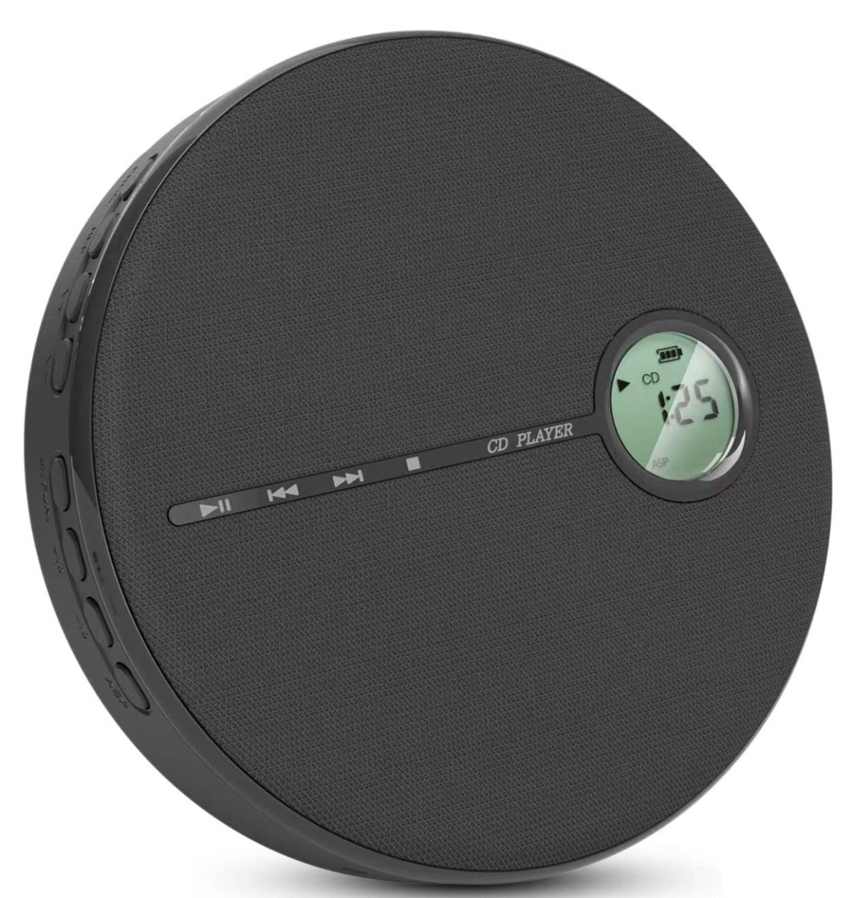 Ein schwarzer tragbarer CD-Player mit Anzeige von Zeit und Wiedergabesteuerung.