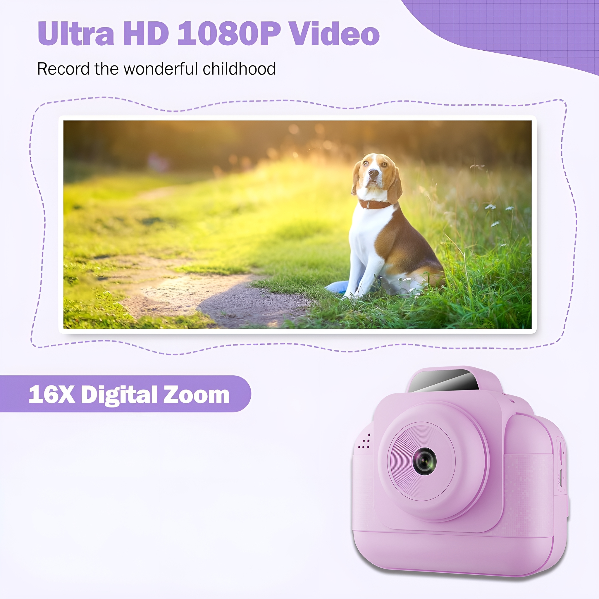Eine rosa Kamera mit einem Hund im Hintergrund. Text: Ultra HD 1080P Video und 16X Digitalzoom.
