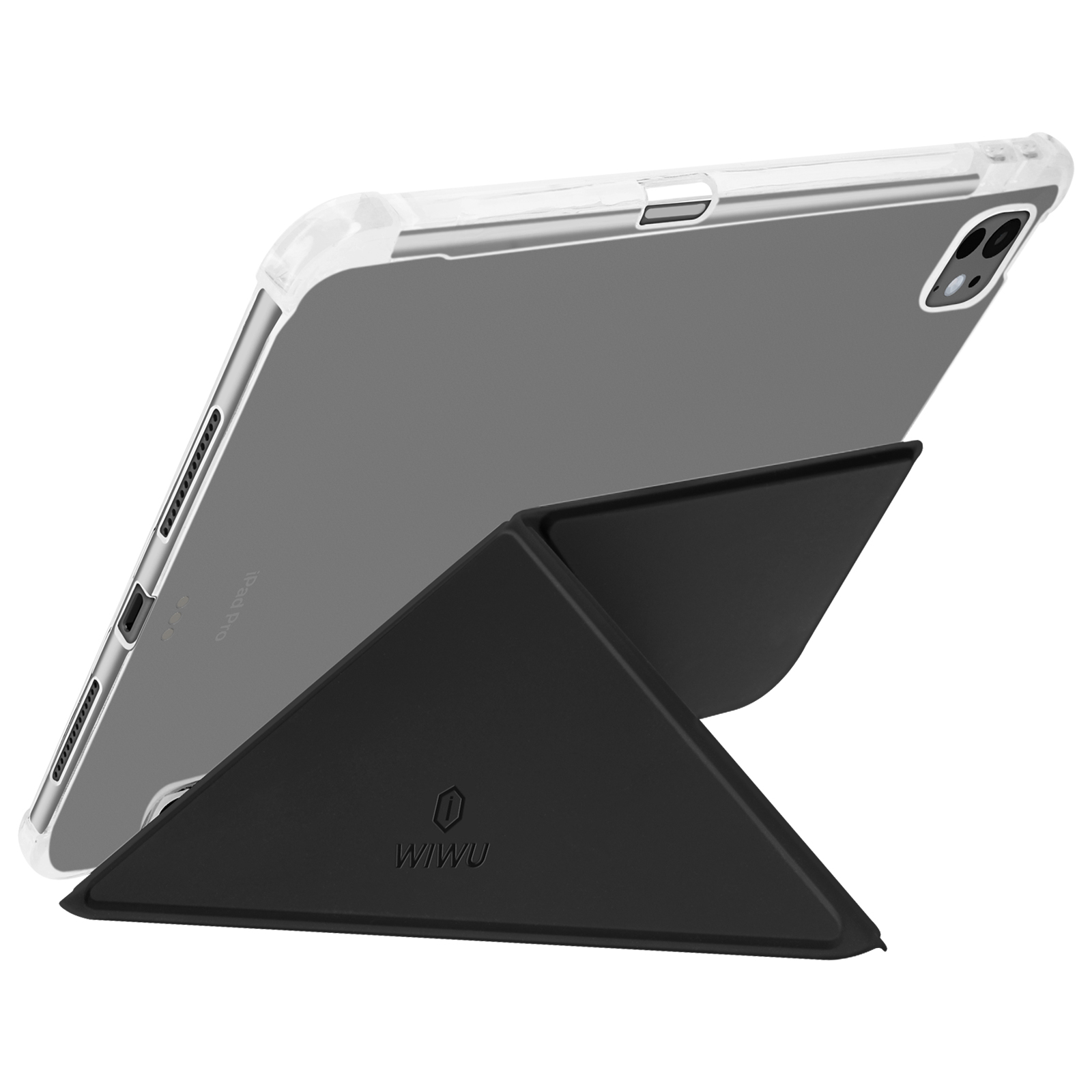 Un tablet iPad Pro in una custodia trasparente e pieghevole, angolato su un supporto nero.