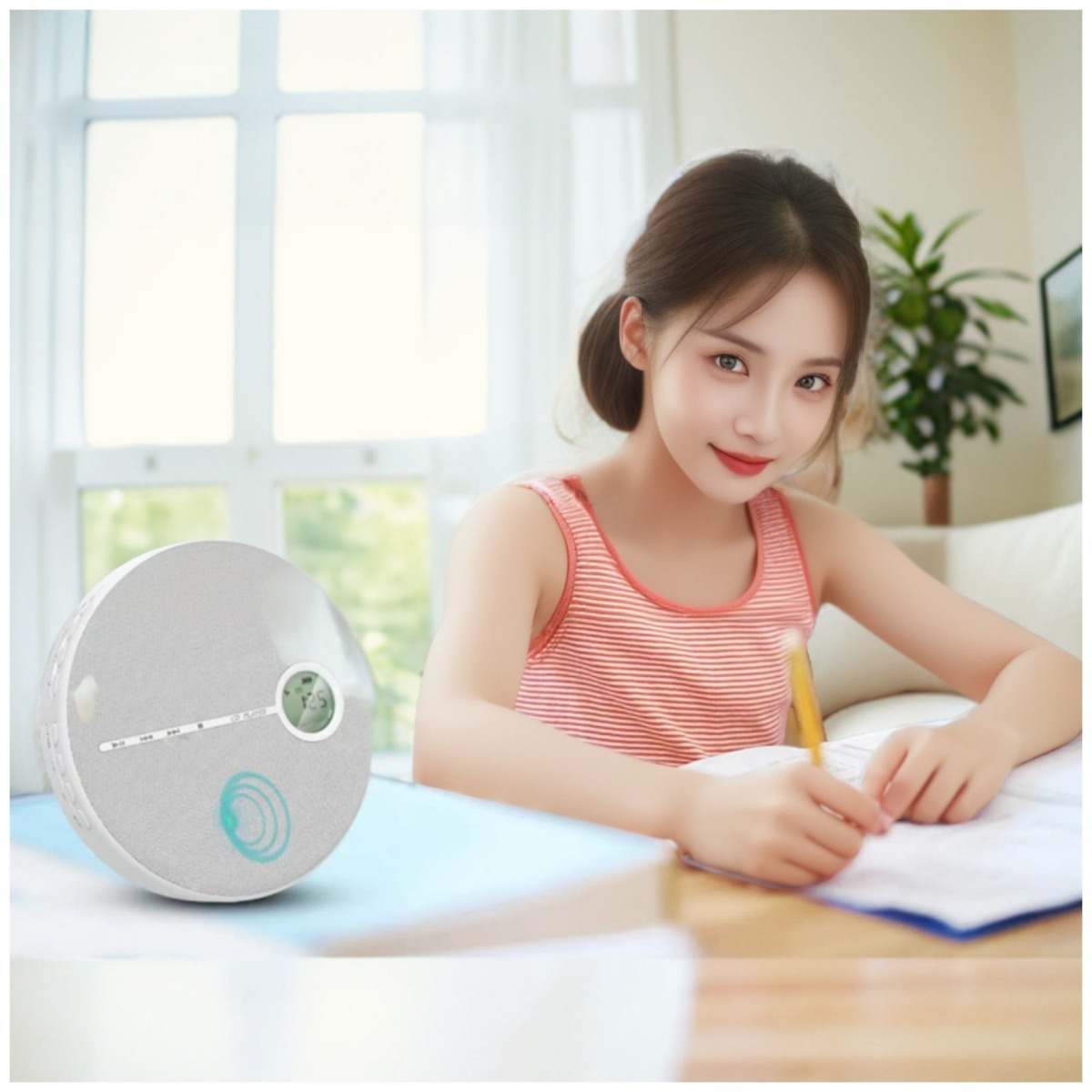 Eine Frau lernt mit einem Stift, ein weißer CD-Player steht auf dem Schreibtisch. Der Hintergrund hat ein Fenster.