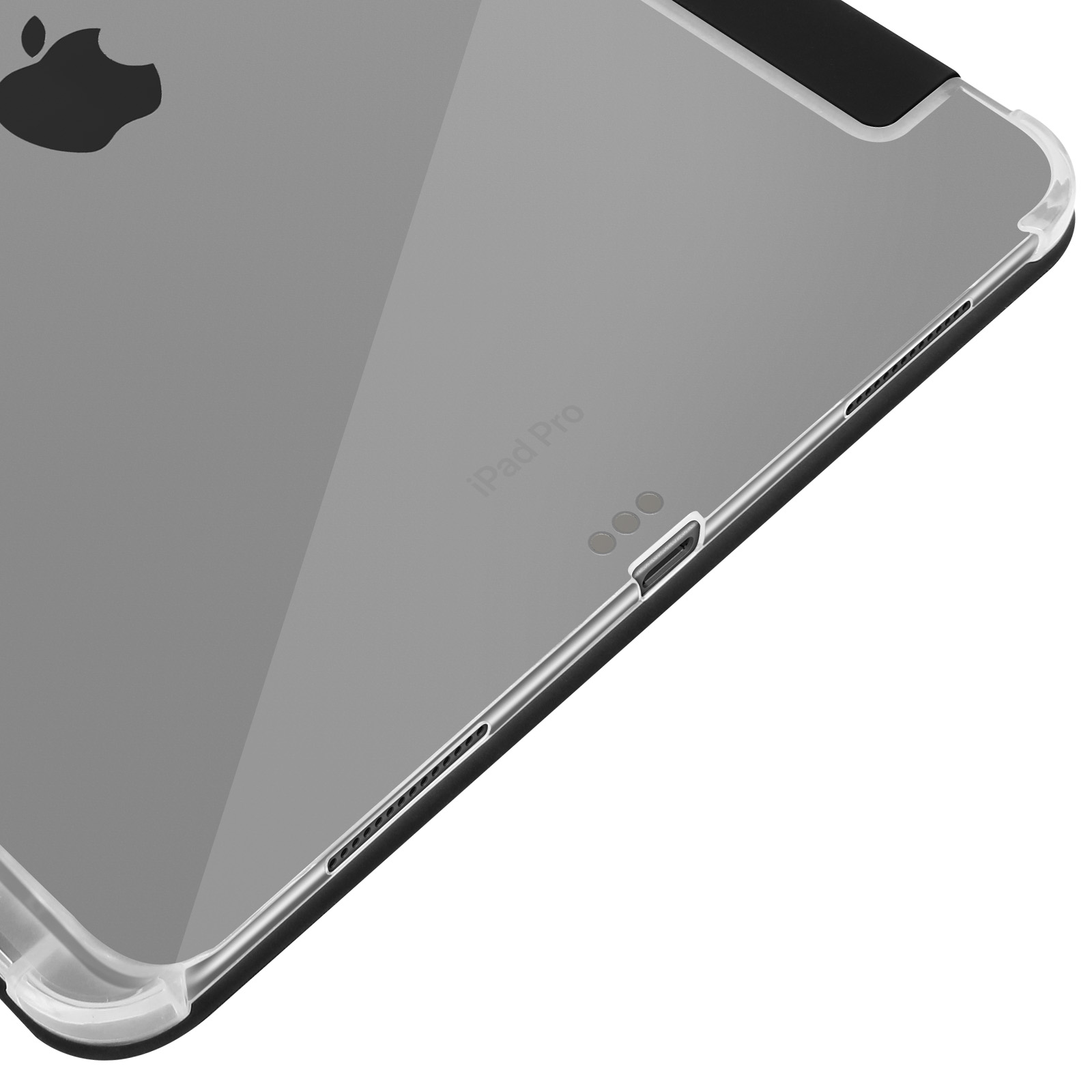 Primo piano di custodia trasparente per iPad con logo Apple su sfondo bianco.
