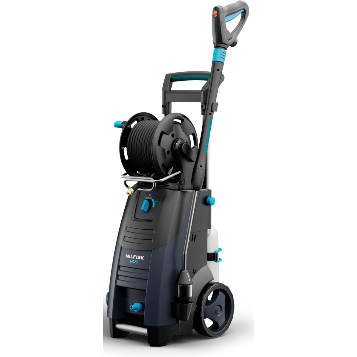 Schwarz-blaue Hochdruckreinigungsmaschine auf weißem Hintergrund.