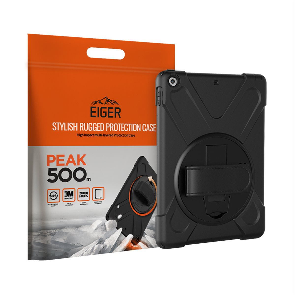Schwarze Tablethülle mit Handschlaufe und Verpackung. Die Verpackung ist orange und schwarz.