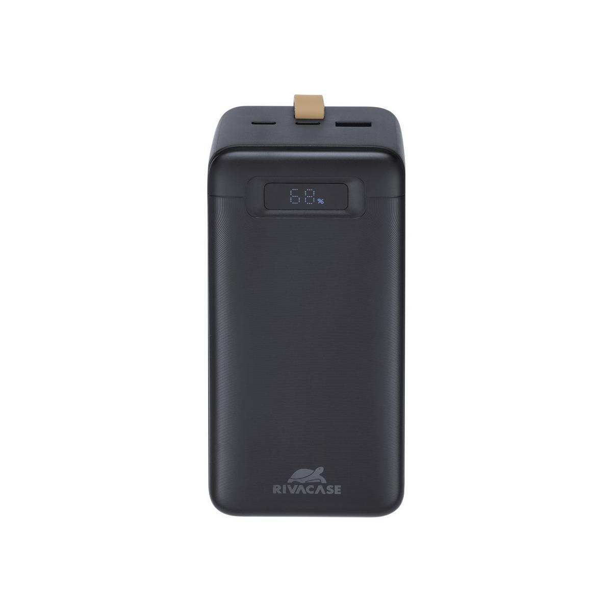 Power bank Rivacase nero con display che mostra il 68% di carica, su superficie bianca.