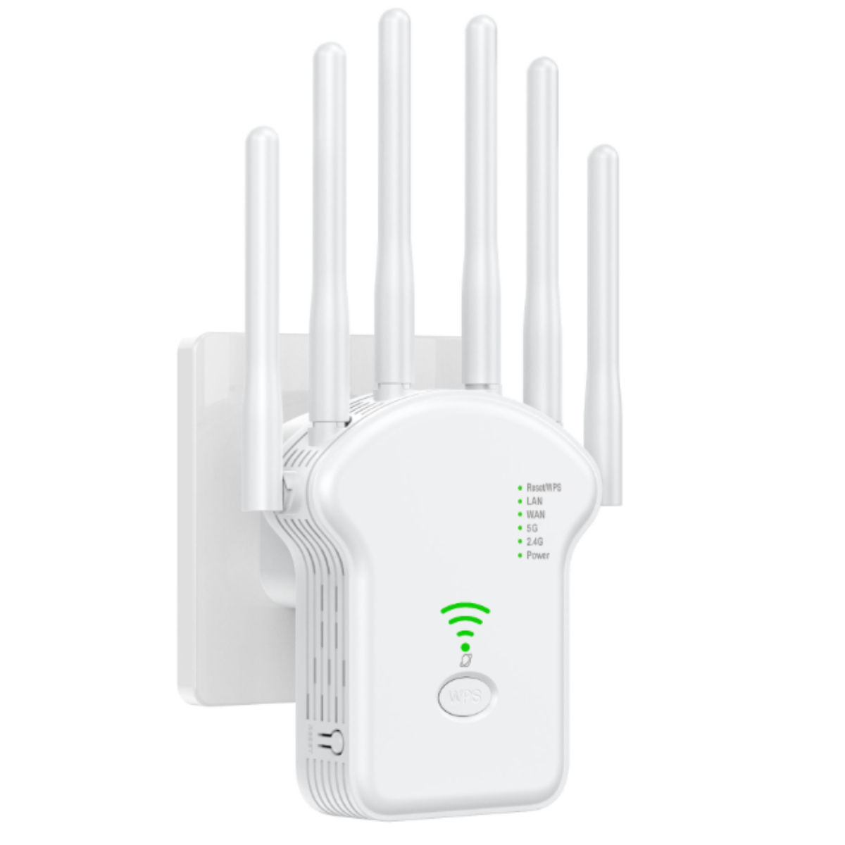Weißer WLAN-Extender mit 5 Antennen. Strom- und Verbindungsleuchten. Angeschlossen an eine Steckdose.