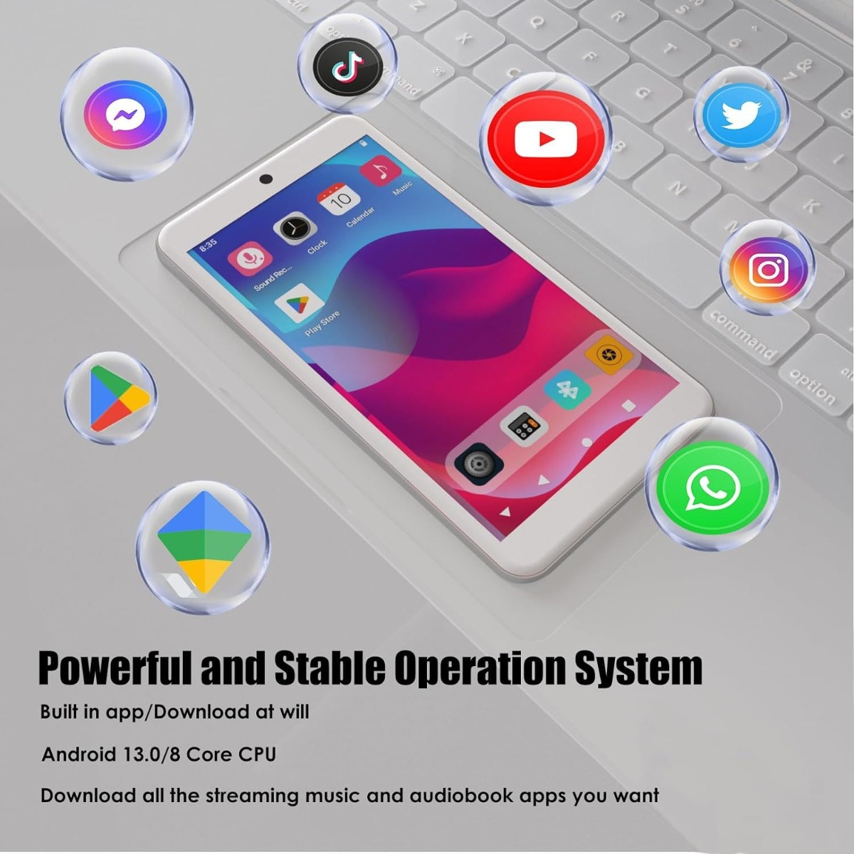 Smartphone mit App-Symbolen, umgeben von Icons, Text: 'Leistungsstarkes und stabiles Betriebssystem'.