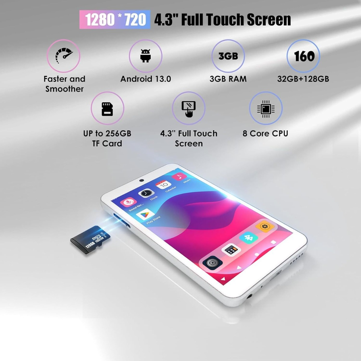 Ein weißes Smartphone mit Symbolen und Spezifikationen. Eine microSD-Karte wird daneben gezeigt.
