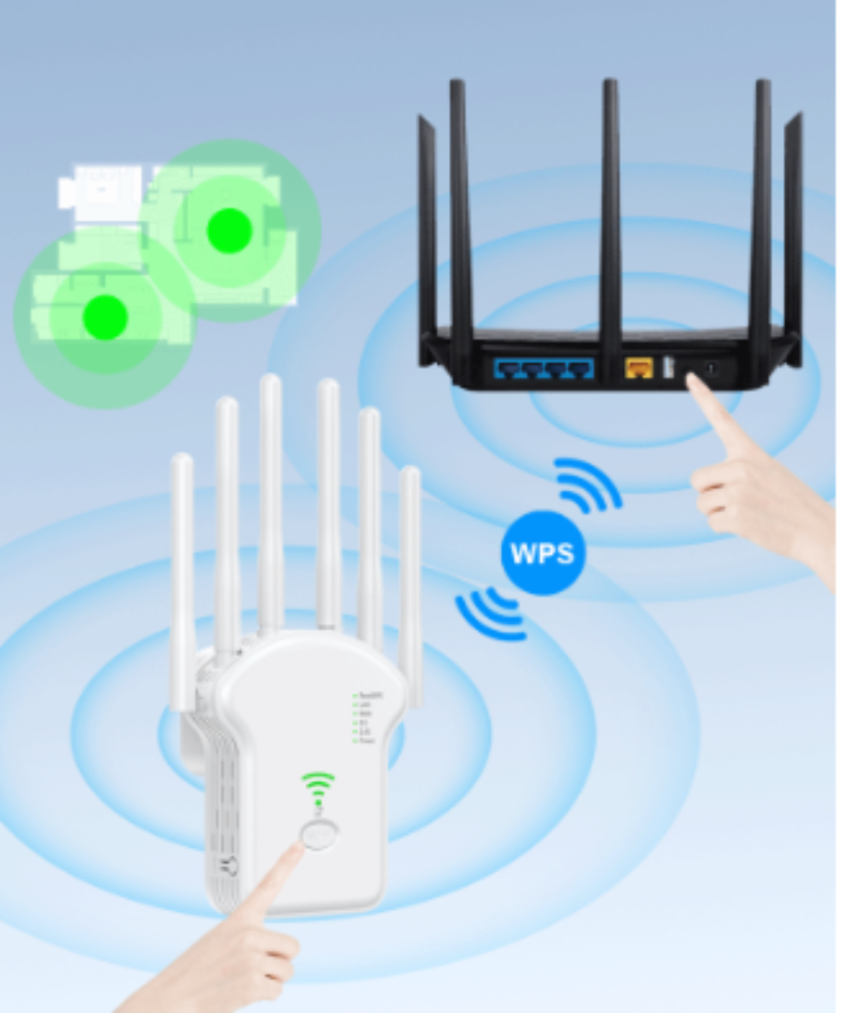 Ein WLAN-Router mit Antennen und einem WLAN-Booster auf blauem Hintergrund.