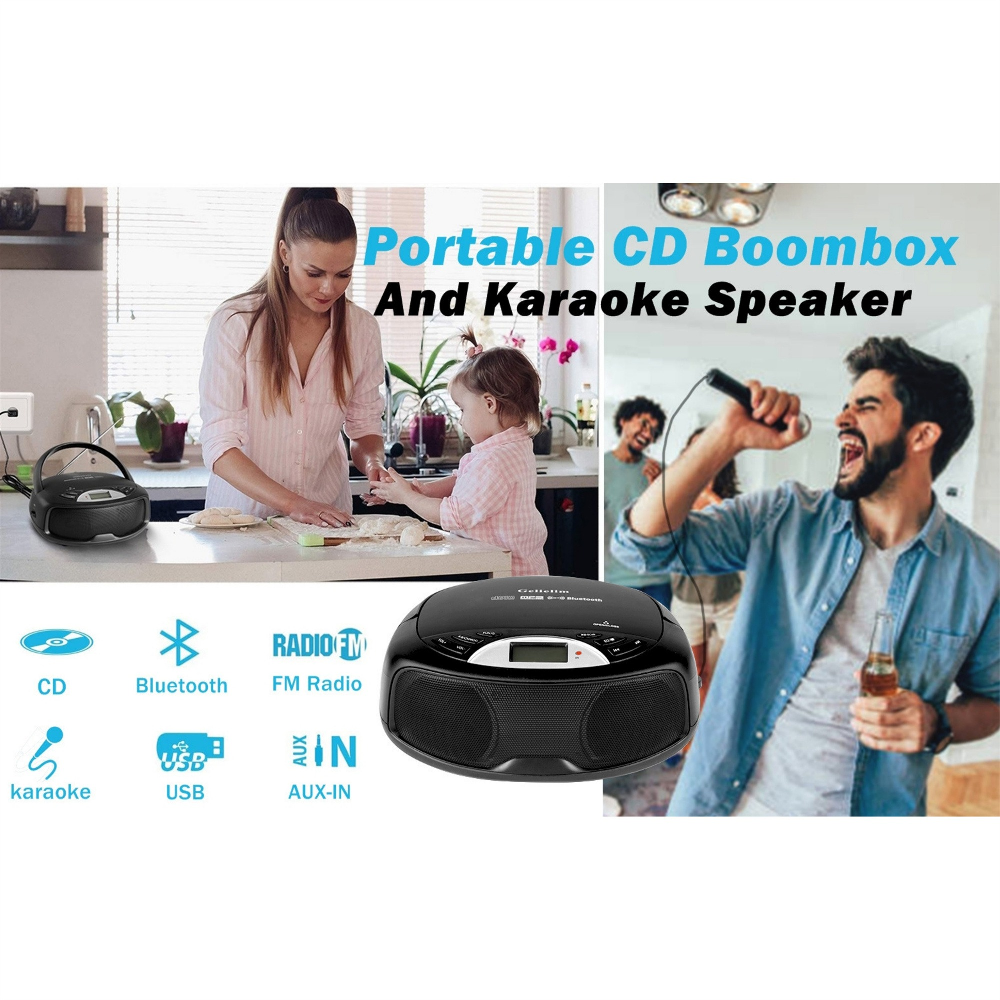 Szene von Leuten mit einer Boombox. Eine Frau ist in der Küche, und ein Mann singt Karaoke.