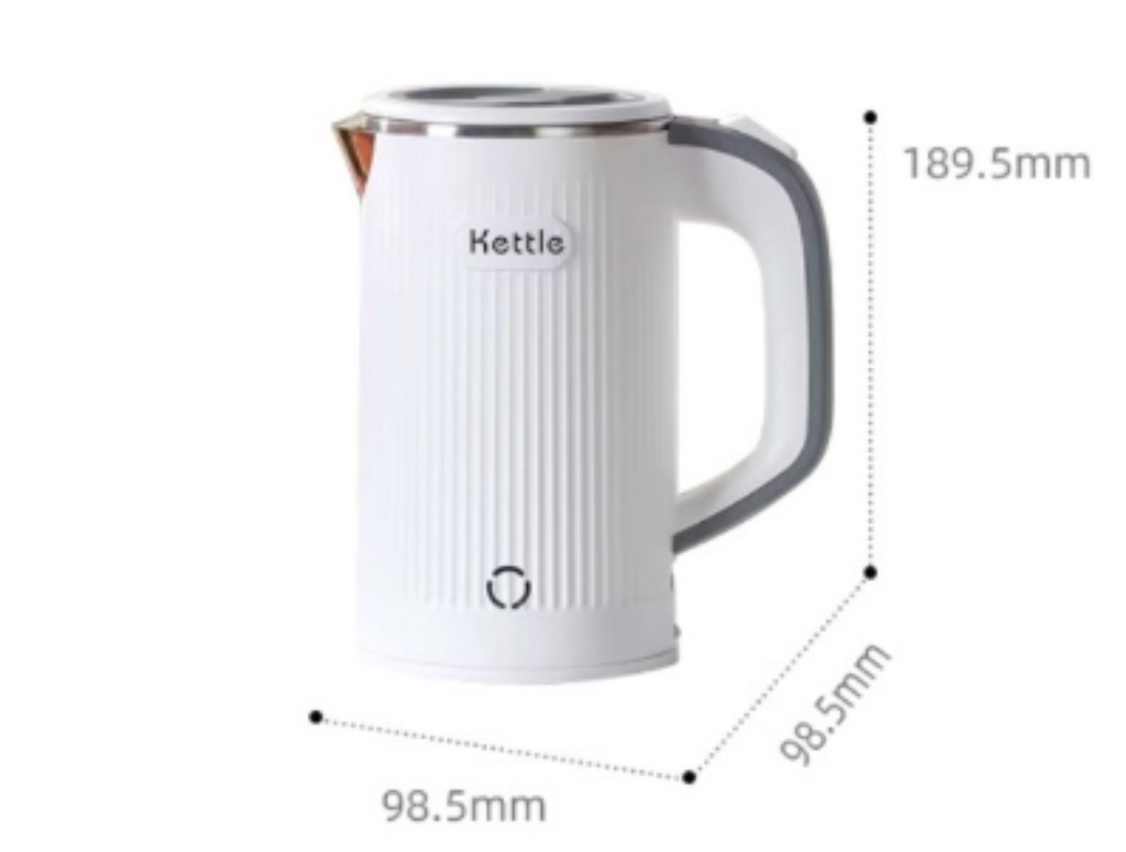 Ein weißer Wasserkocher mit Griff, dem Wort 'Kettle' und beschrifteten Abmessungen.