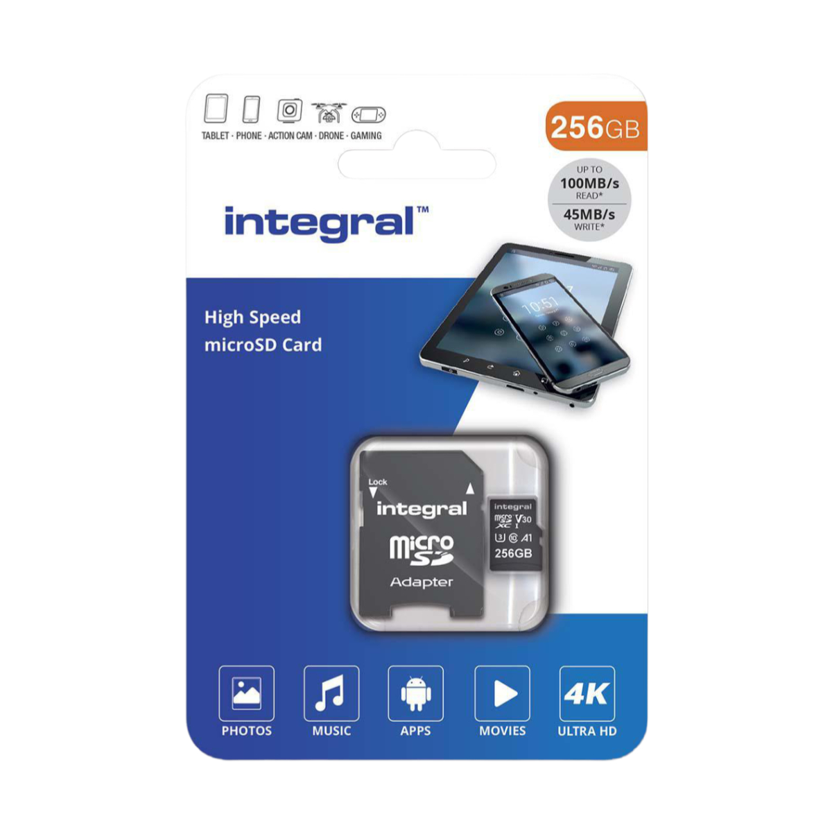 MicroSD-Kartenpaket mit Karte und Adapter. Enthält Bilder von Tablet, Telefon und Symbolen.