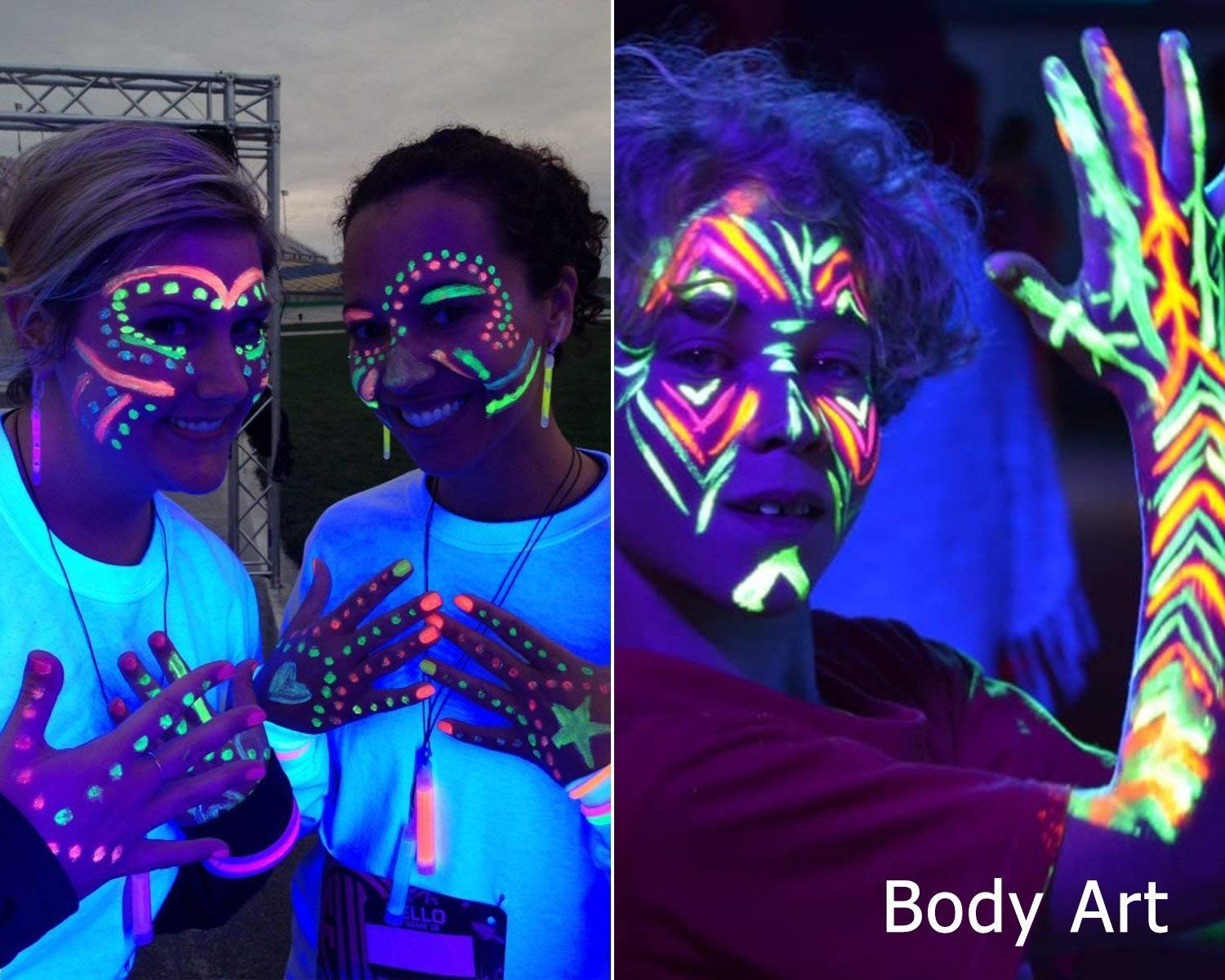 Menschen mit Neon-Körperkunst, Gesichtern und Händen, unter UV-Licht, mit einem 