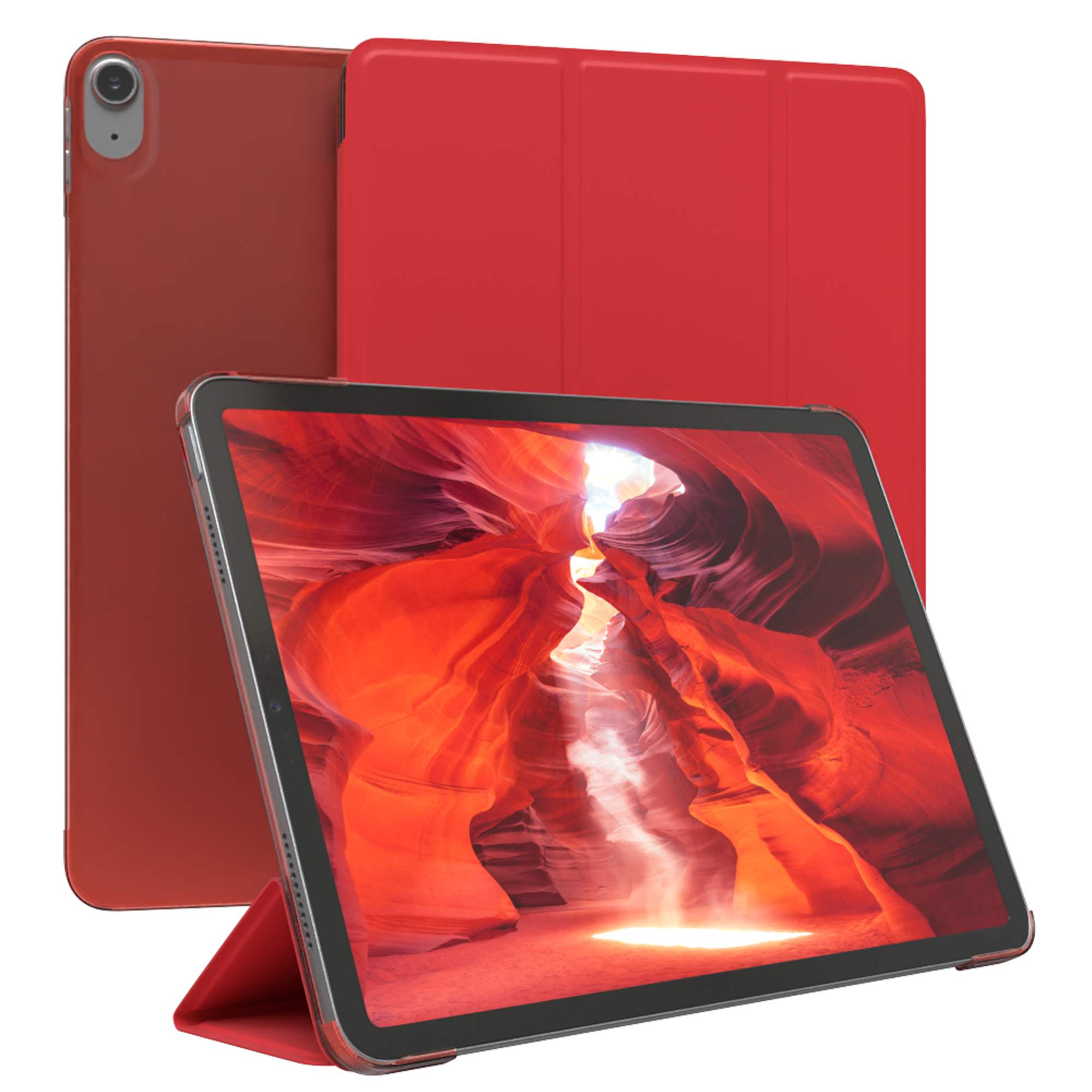 Rotes Tablet mit roter Hülle, geöffnet und aufgestellt. Der Bildschirm zeigt eine Canyon-Landschaft.