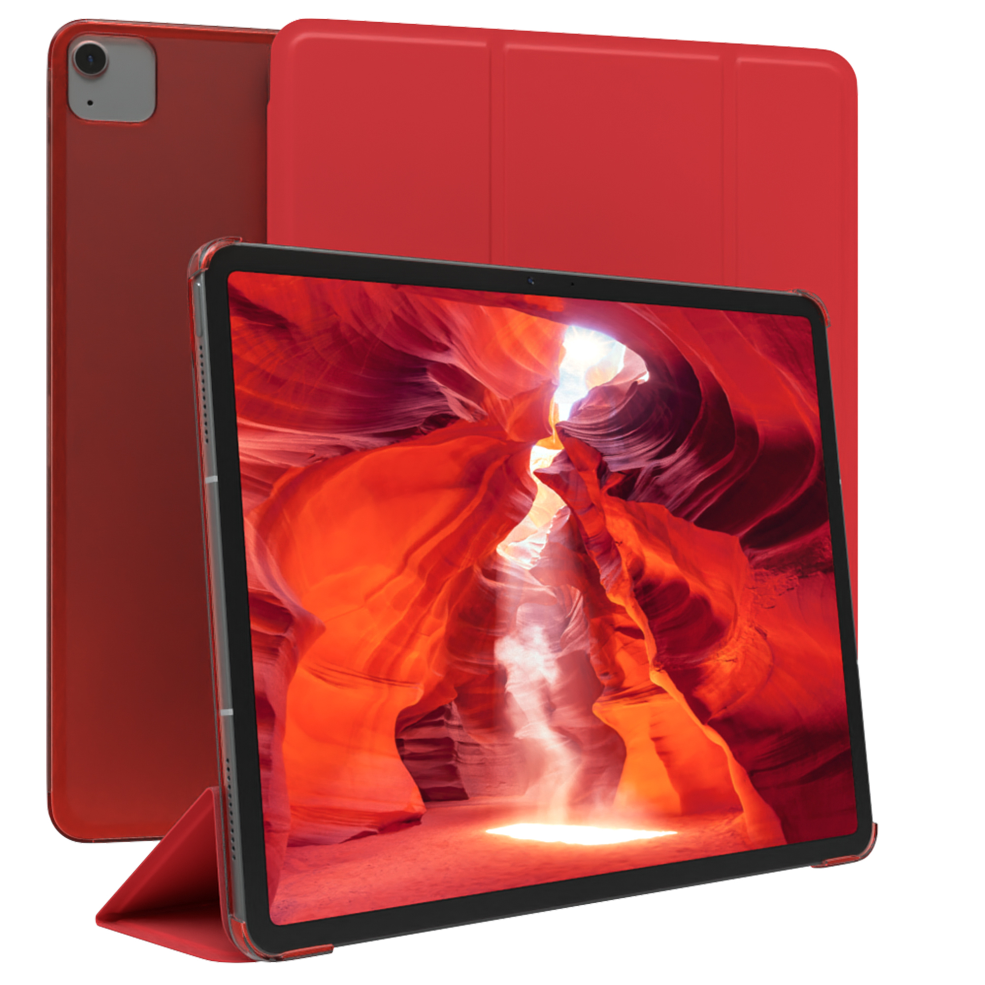 Rotes Tablet mit Hülle. Der Bildschirm zeigt ein Canyon-Bild. Eine weitere Hülle ist im Hintergrund sichtbar.