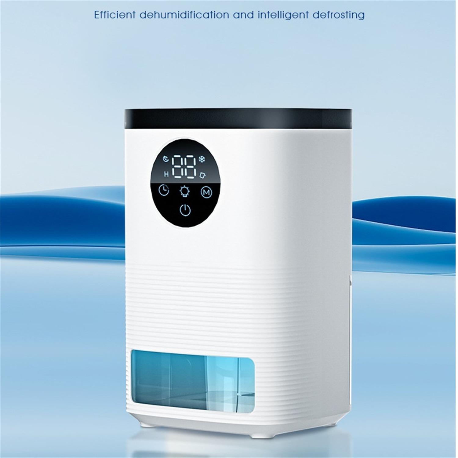 Weißer Luftentfeuchter mit Digitalanzeige und Wassertank unten.