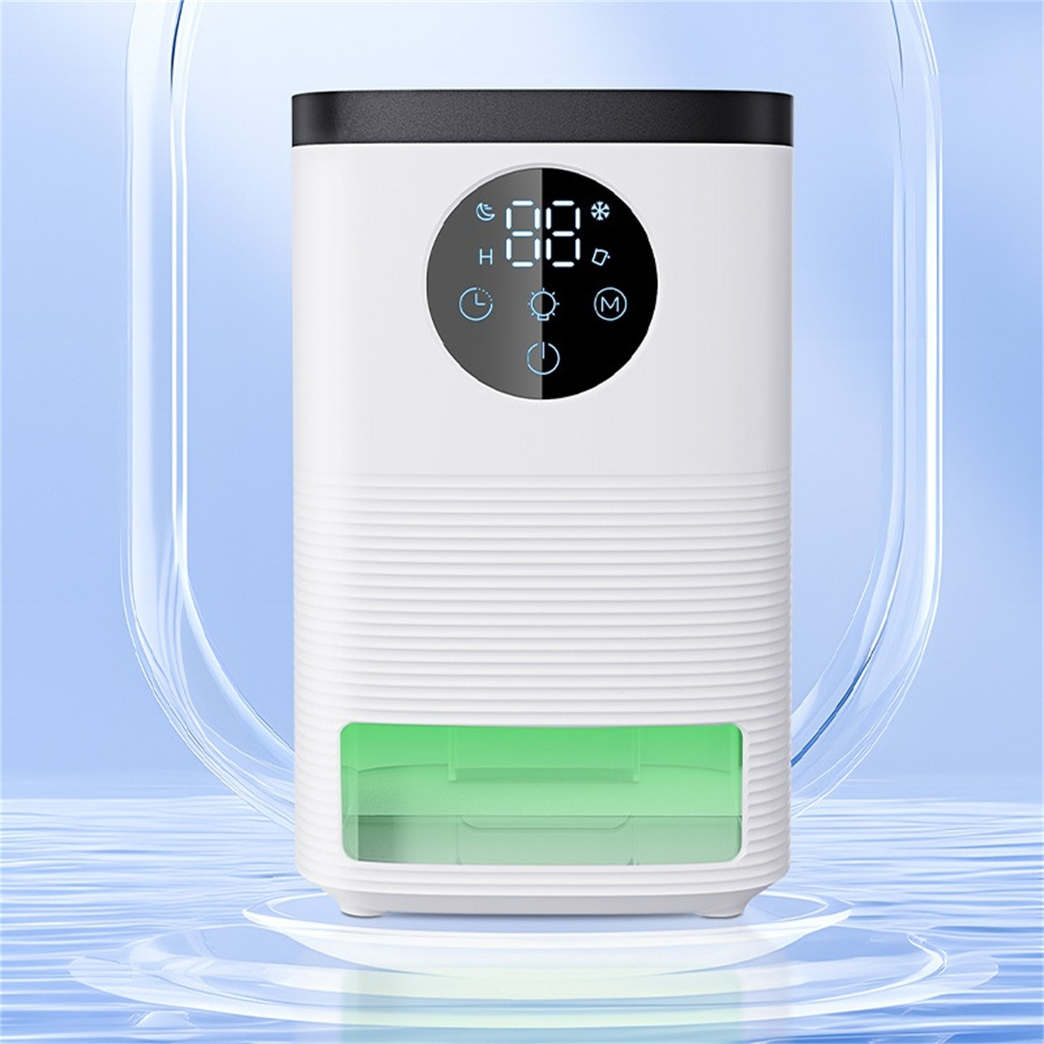 Weißer Luftentfeuchter mit Digitalanzeige und grünem Wassertank auf blauer Oberfläche.